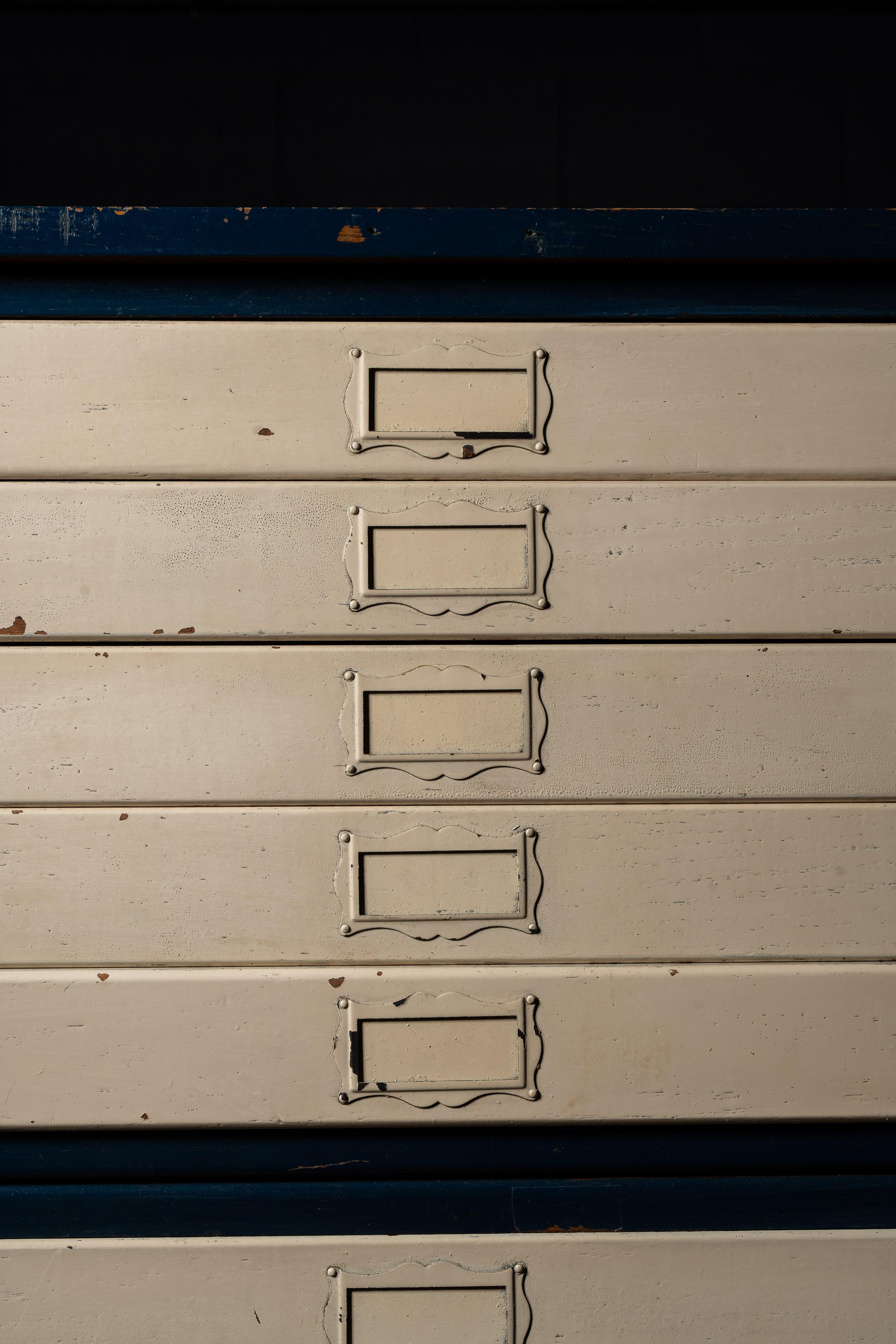 Antique Painted Oak Flat File Cabinet in Blue For Sale 9