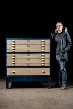 Antique Painted Oak Flat File Cabinet in Blue