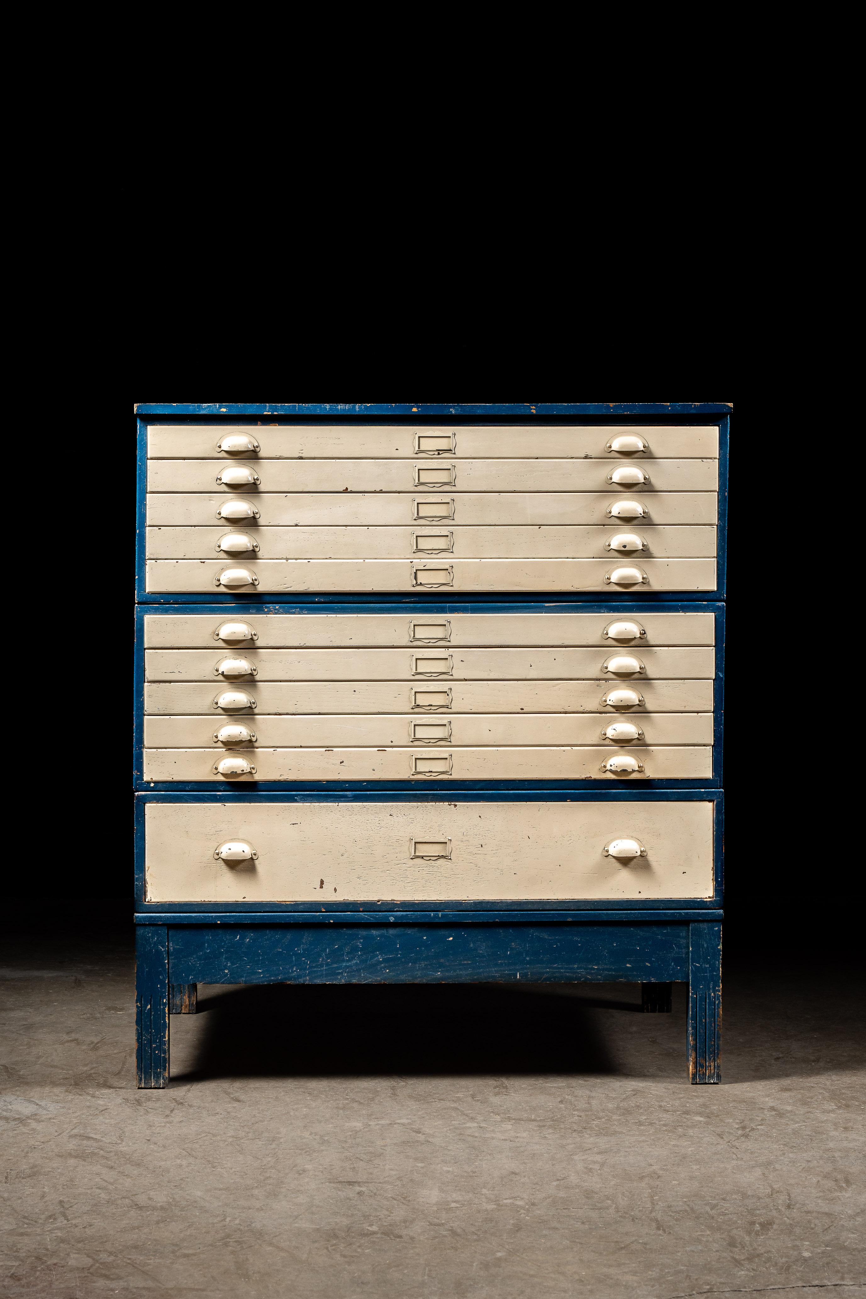 Antique Painted Oak Flat File Cabinet in Blue In Fair Condition For Sale In Dekalb, IL