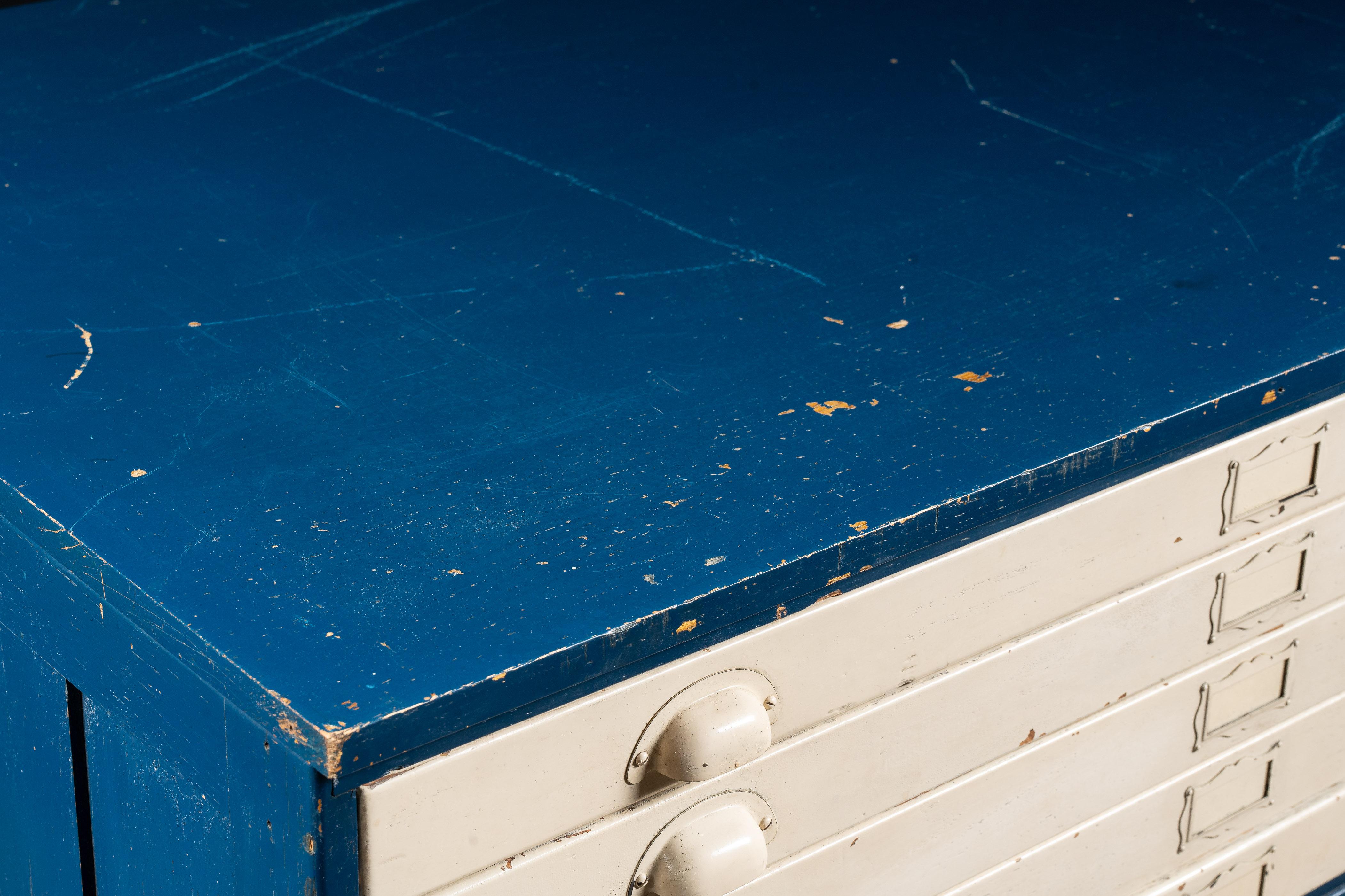 Antique Painted Oak Flat File Cabinet in Blue For Sale 1