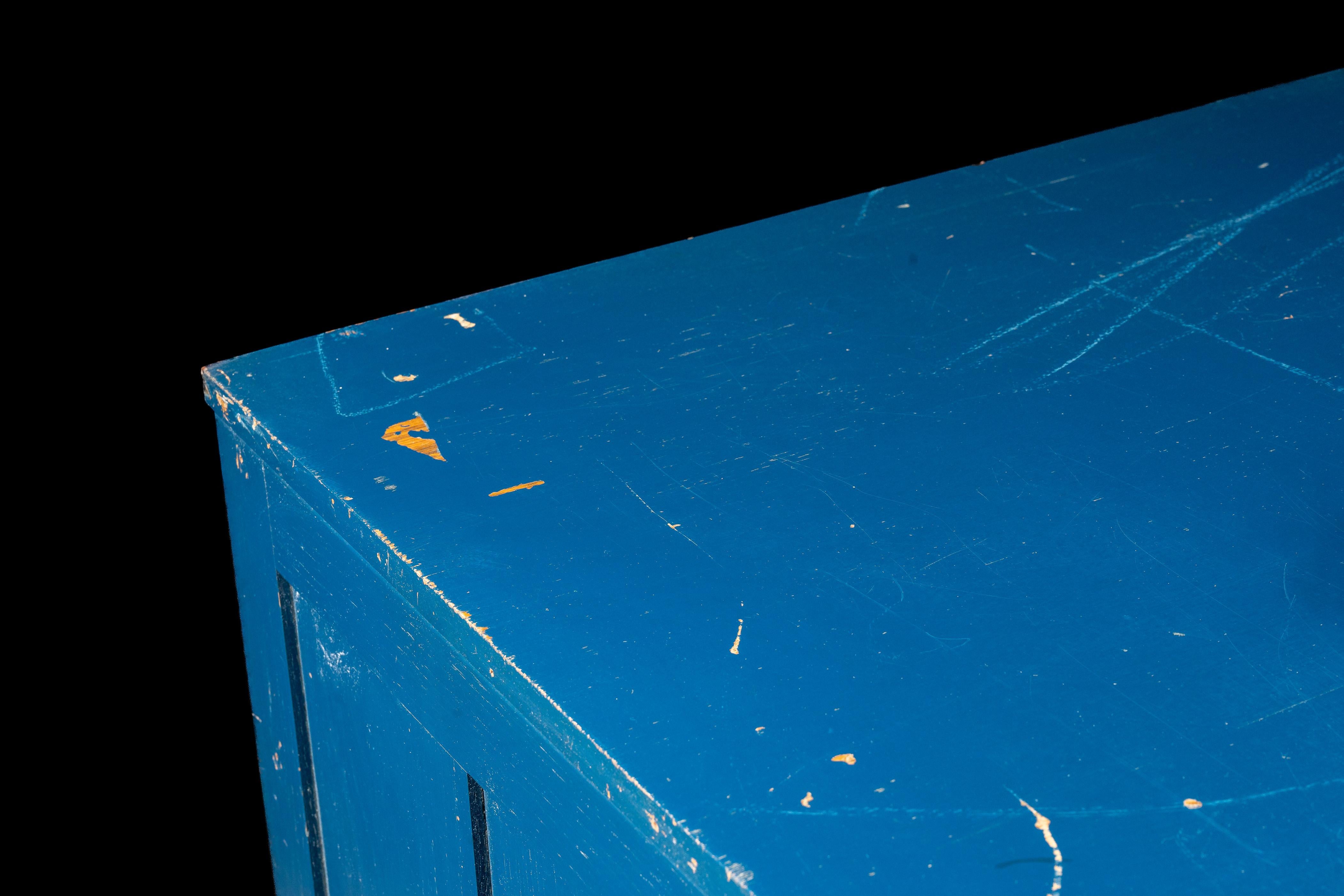 Antique Painted Oak Flat File Cabinet in Blue For Sale 2