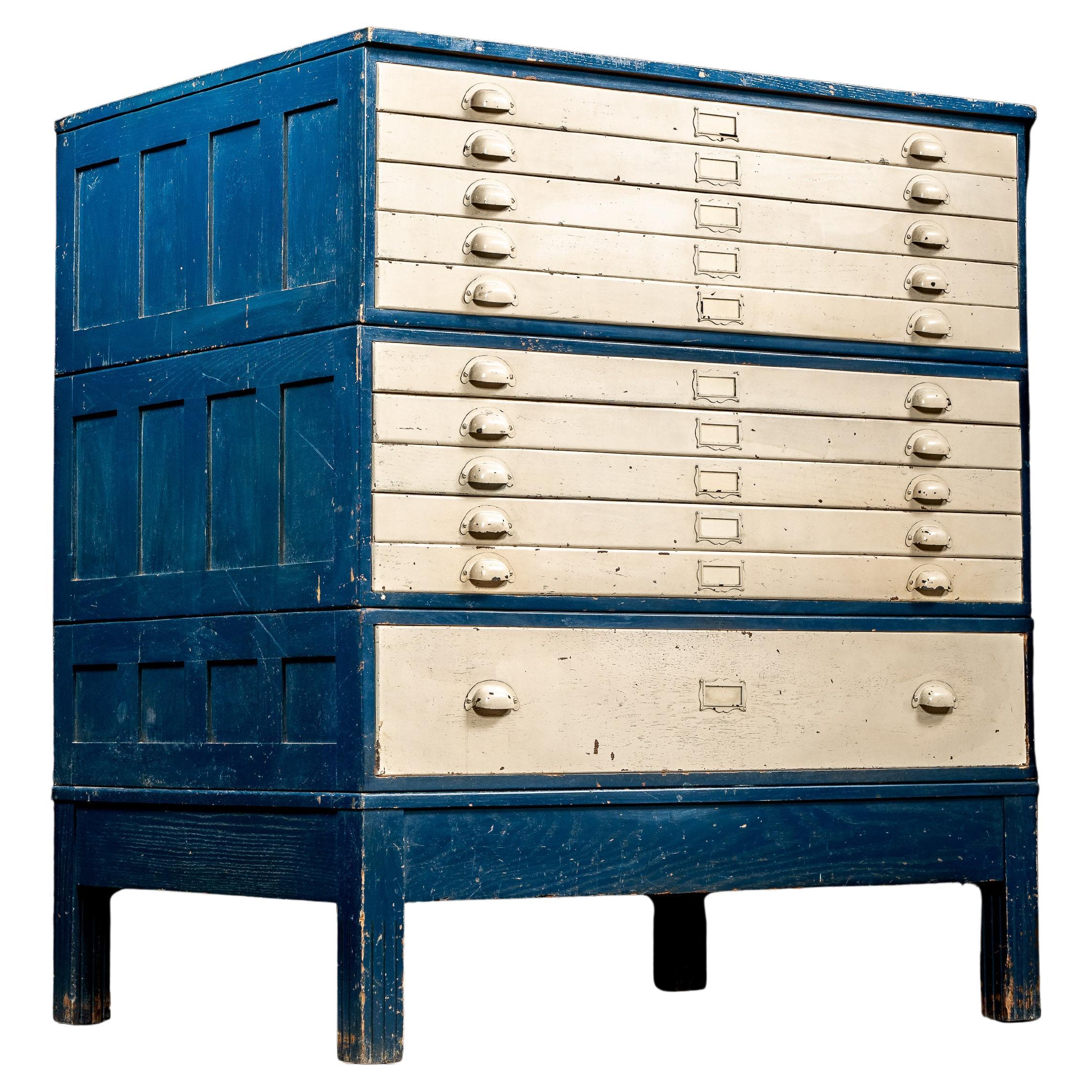 Antique Painted Oak Flat File Cabinet in Blue