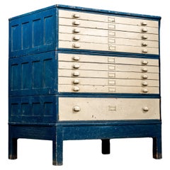 Antique Painted Oak Flat File Cabinet in Blue