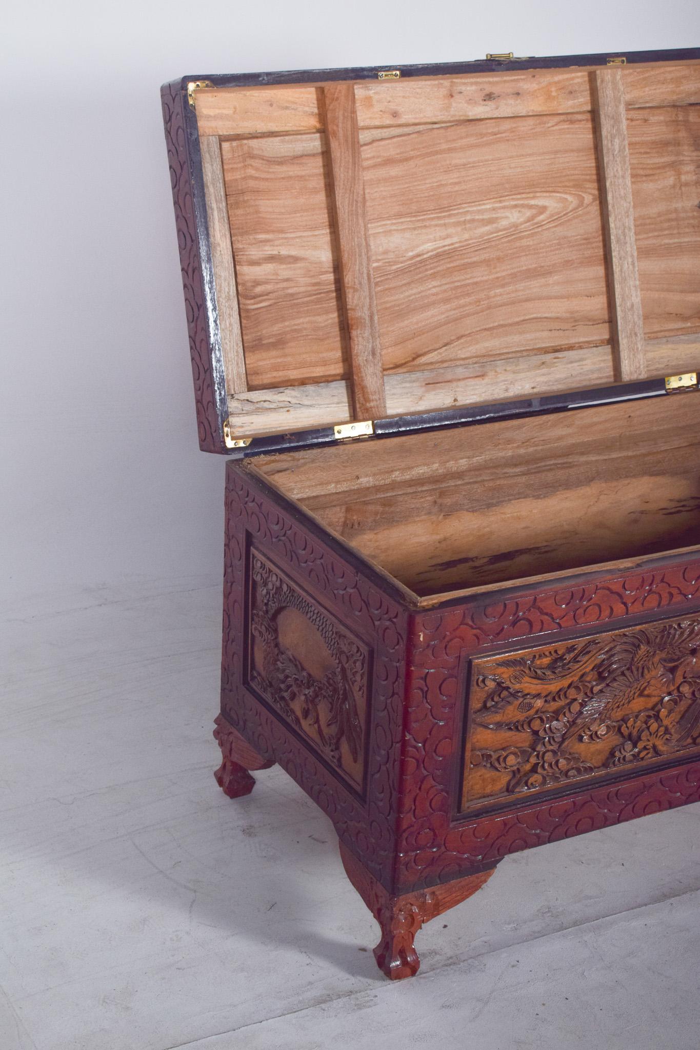 Antique Painted Oriental Carved Chest For Sale 4