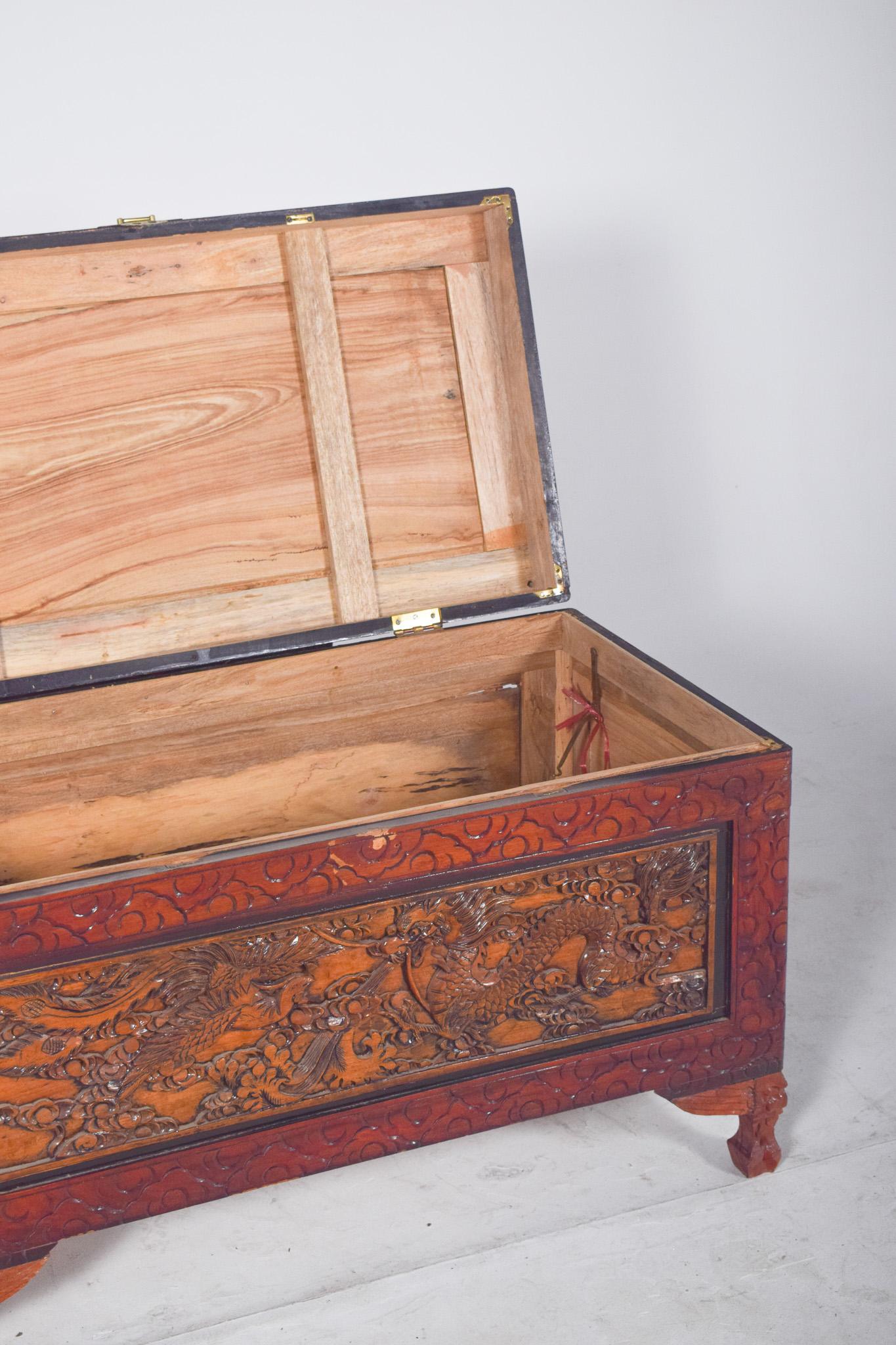 Antique Painted Oriental Carved Chest For Sale 5
