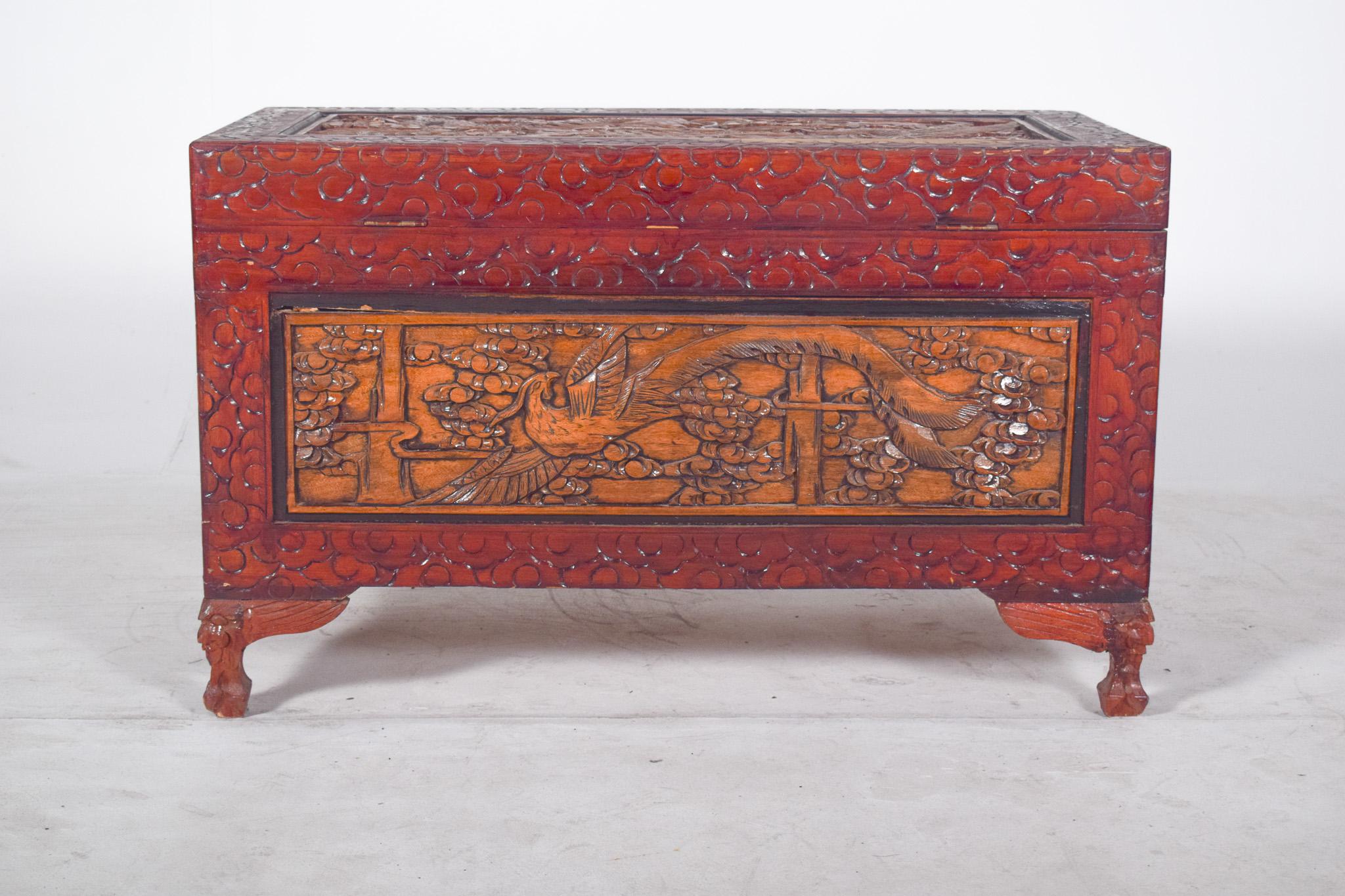 Antique Painted Oriental Carved Chest For Sale 6