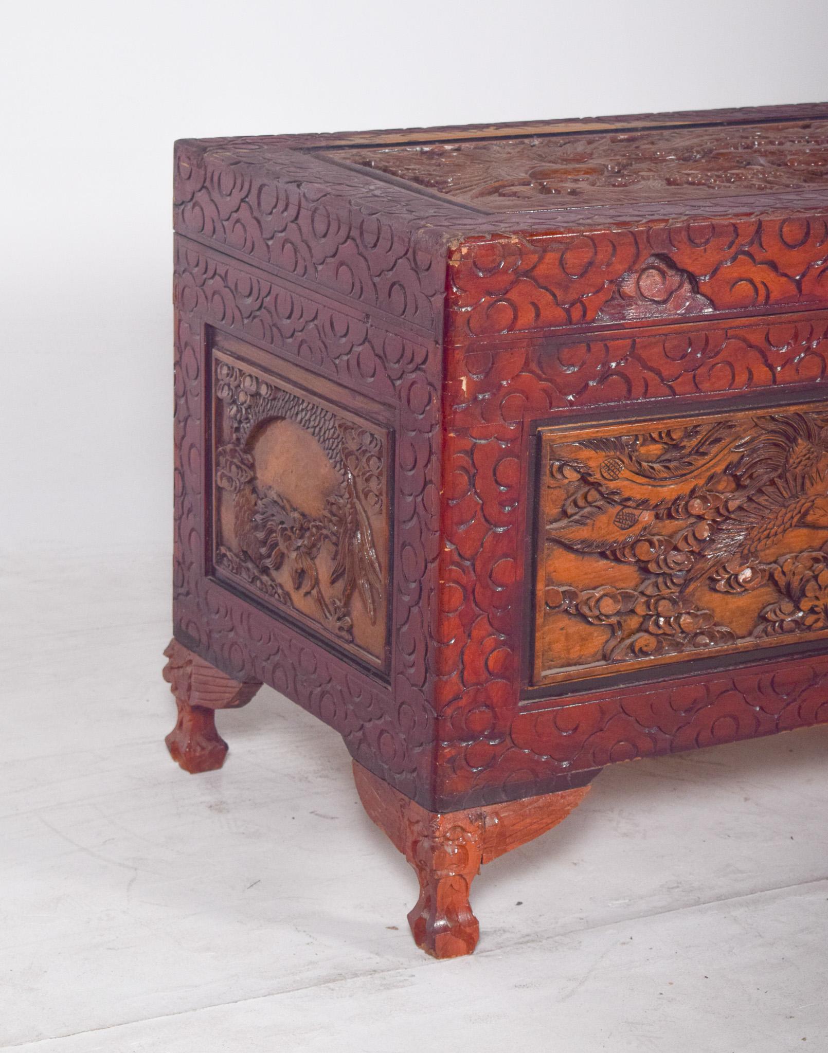 Late Victorian Antique Painted Oriental Carved Chest For Sale