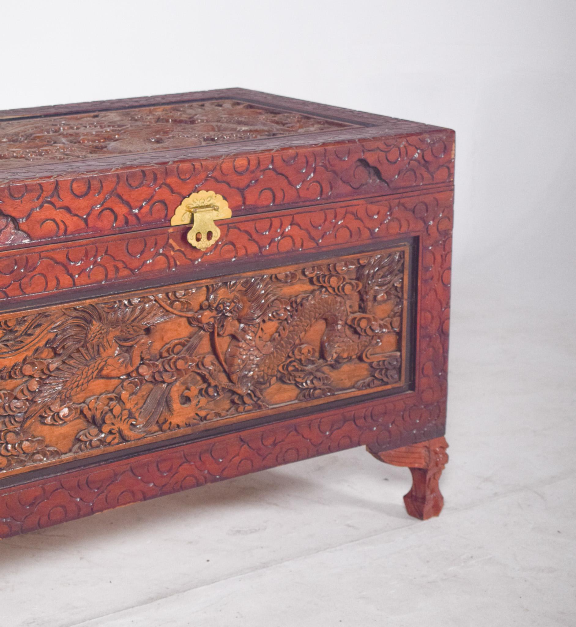 Japanese Antique Painted Oriental Carved Chest For Sale