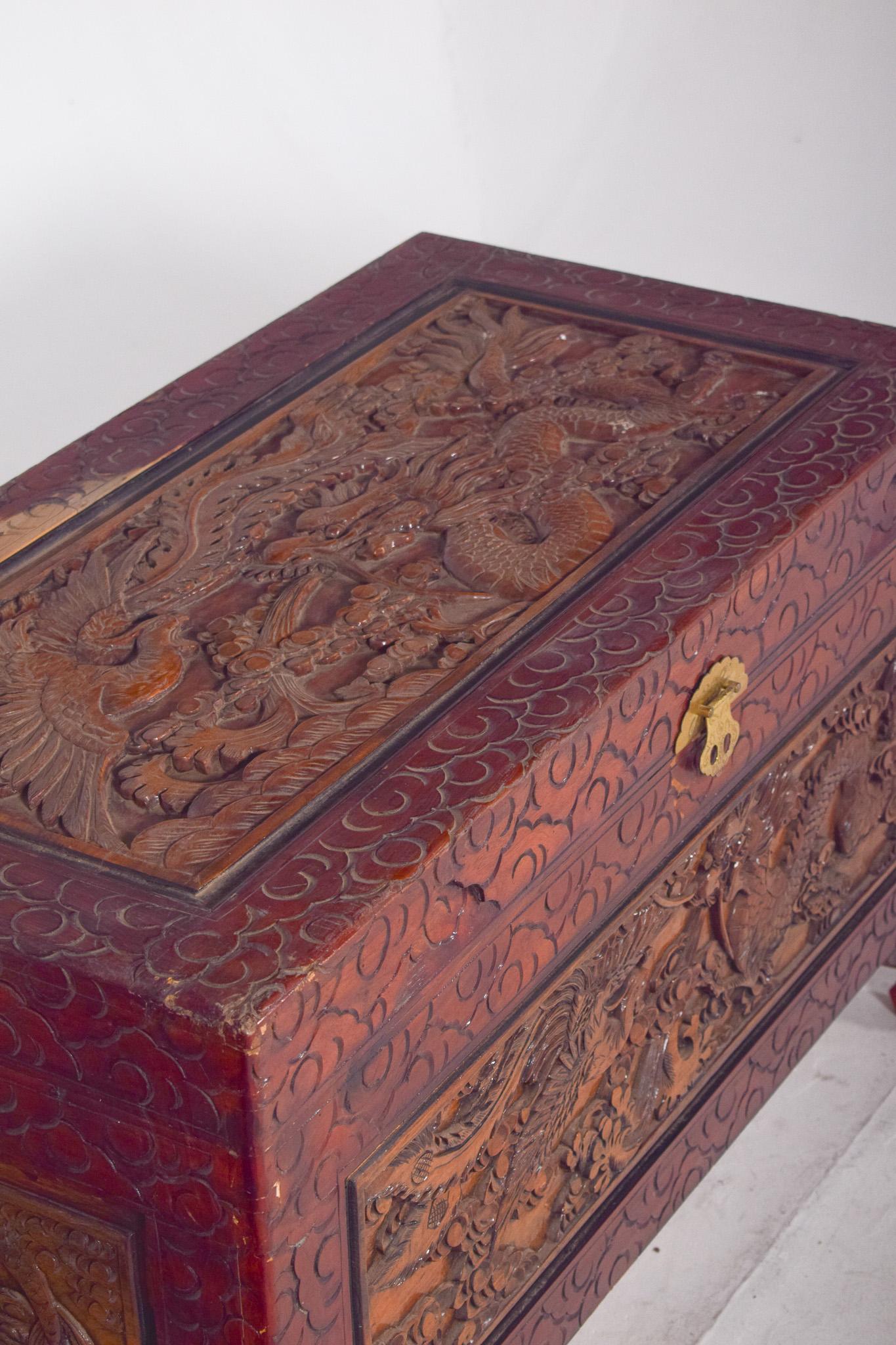 Late 19th Century Antique Painted Oriental Carved Chest For Sale