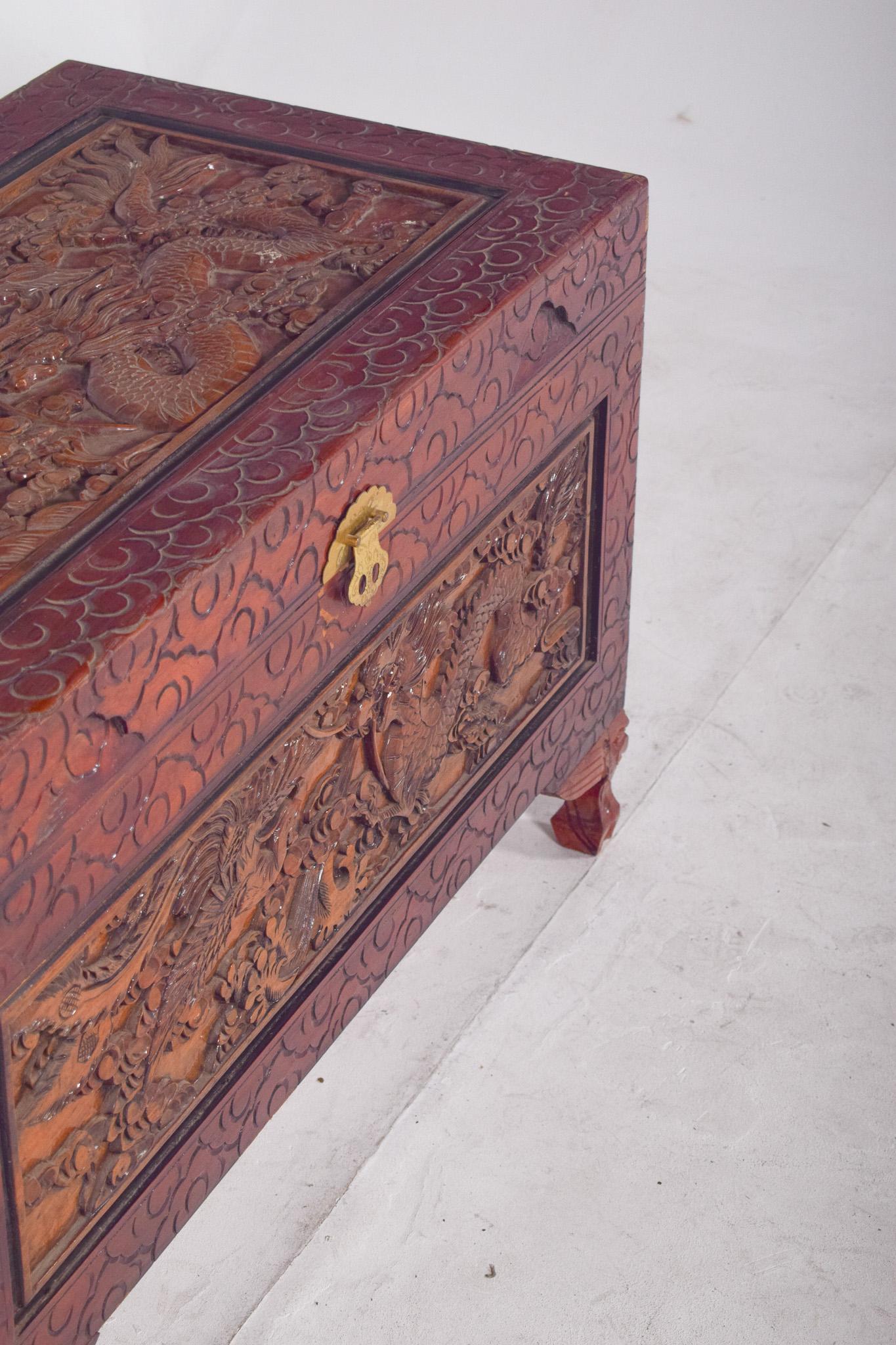 Wood Antique Painted Oriental Carved Chest For Sale