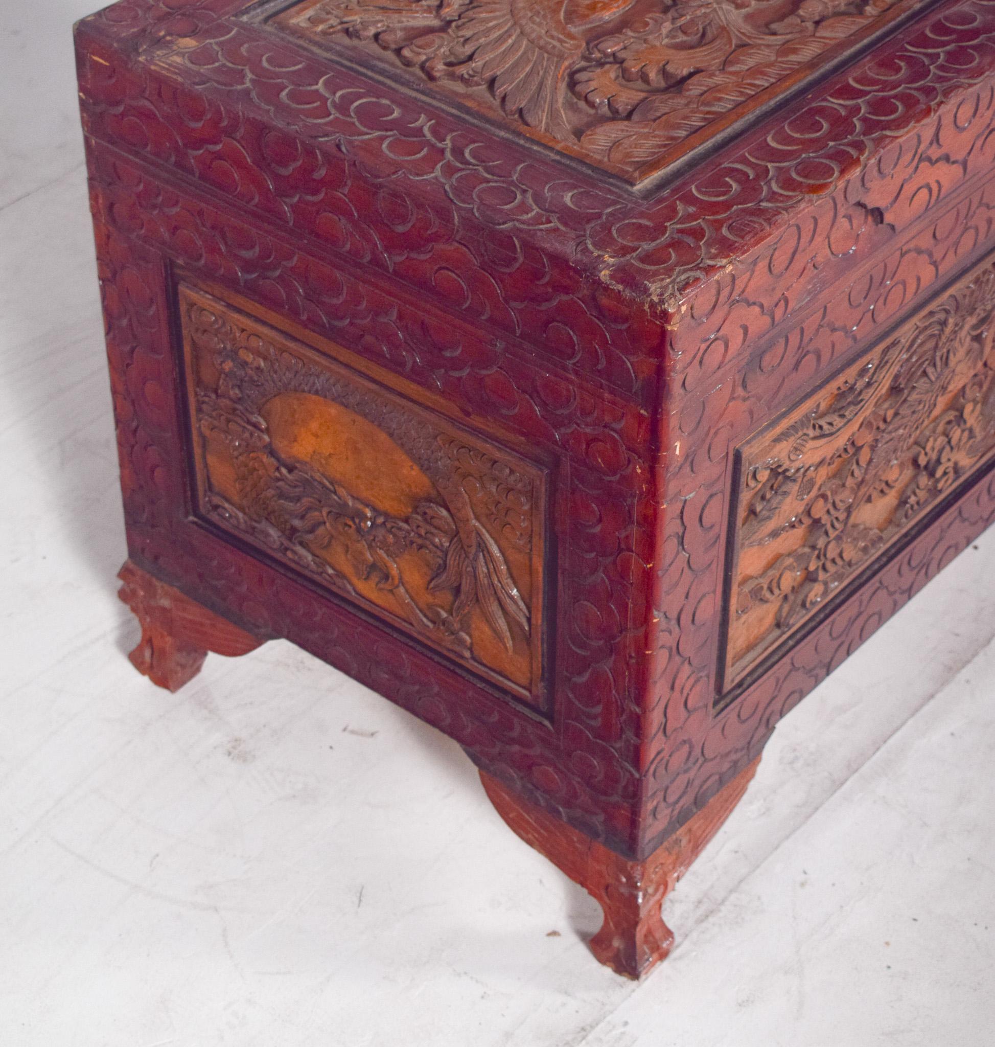 Antique Painted Oriental Carved Chest For Sale 1