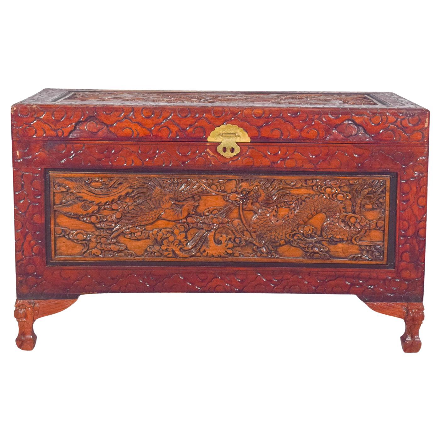 Antique Painted Oriental Carved Chest