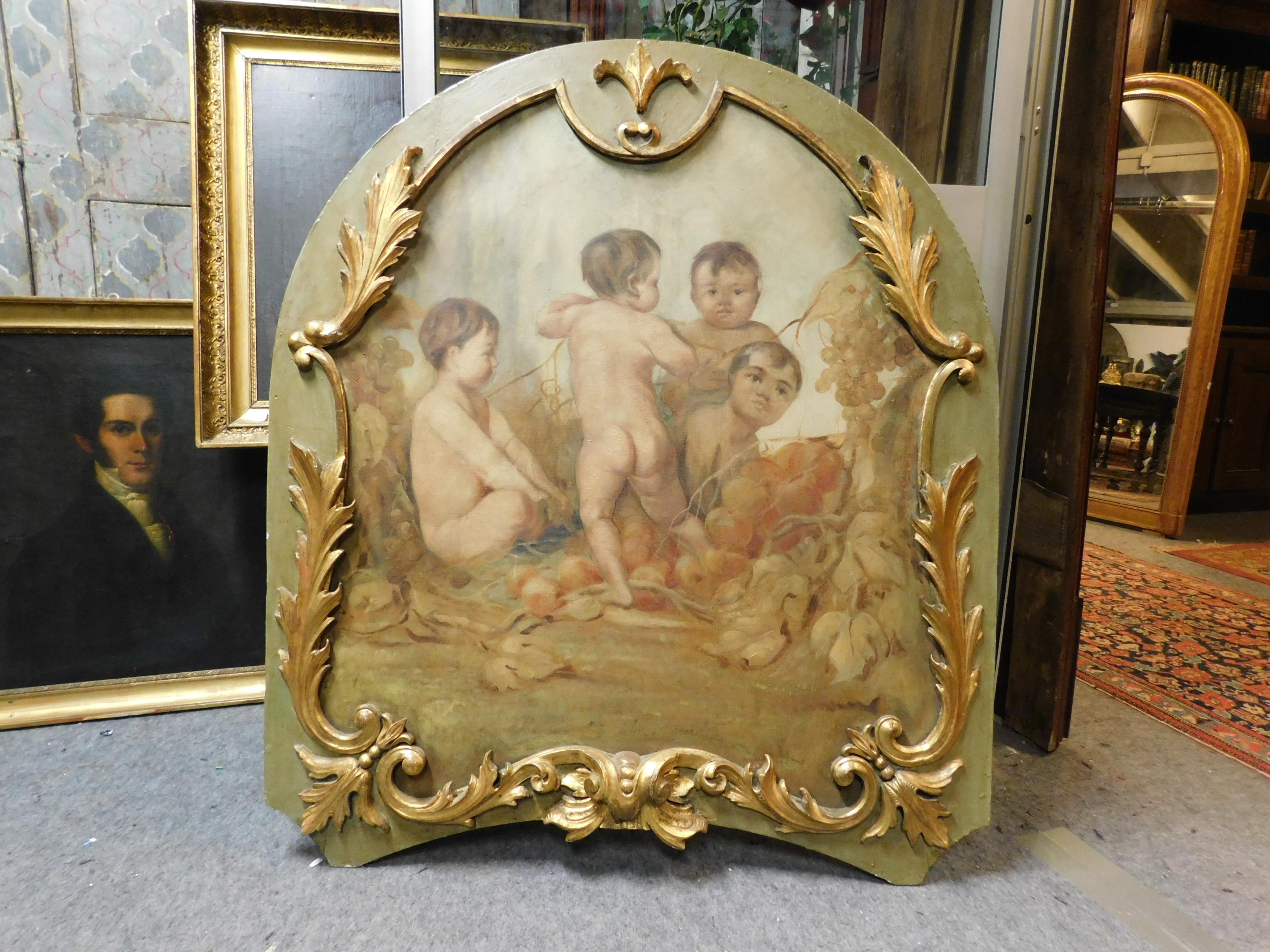 Hand-Painted Antique Painted Panel with Golden Frame, Italy, 18th Century