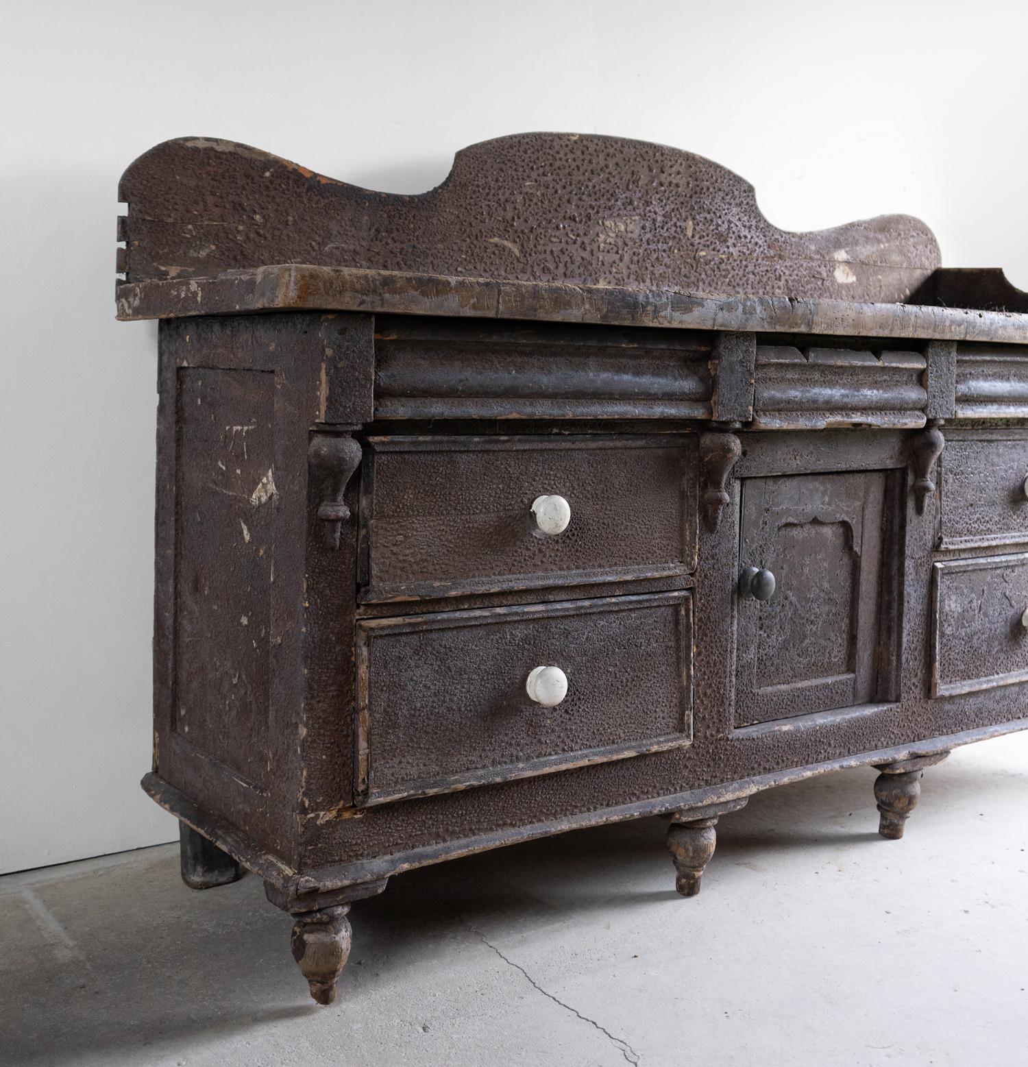19th Century Antique Painted Pine Dresser Base, Lancashire, Early 19Th Century For Sale