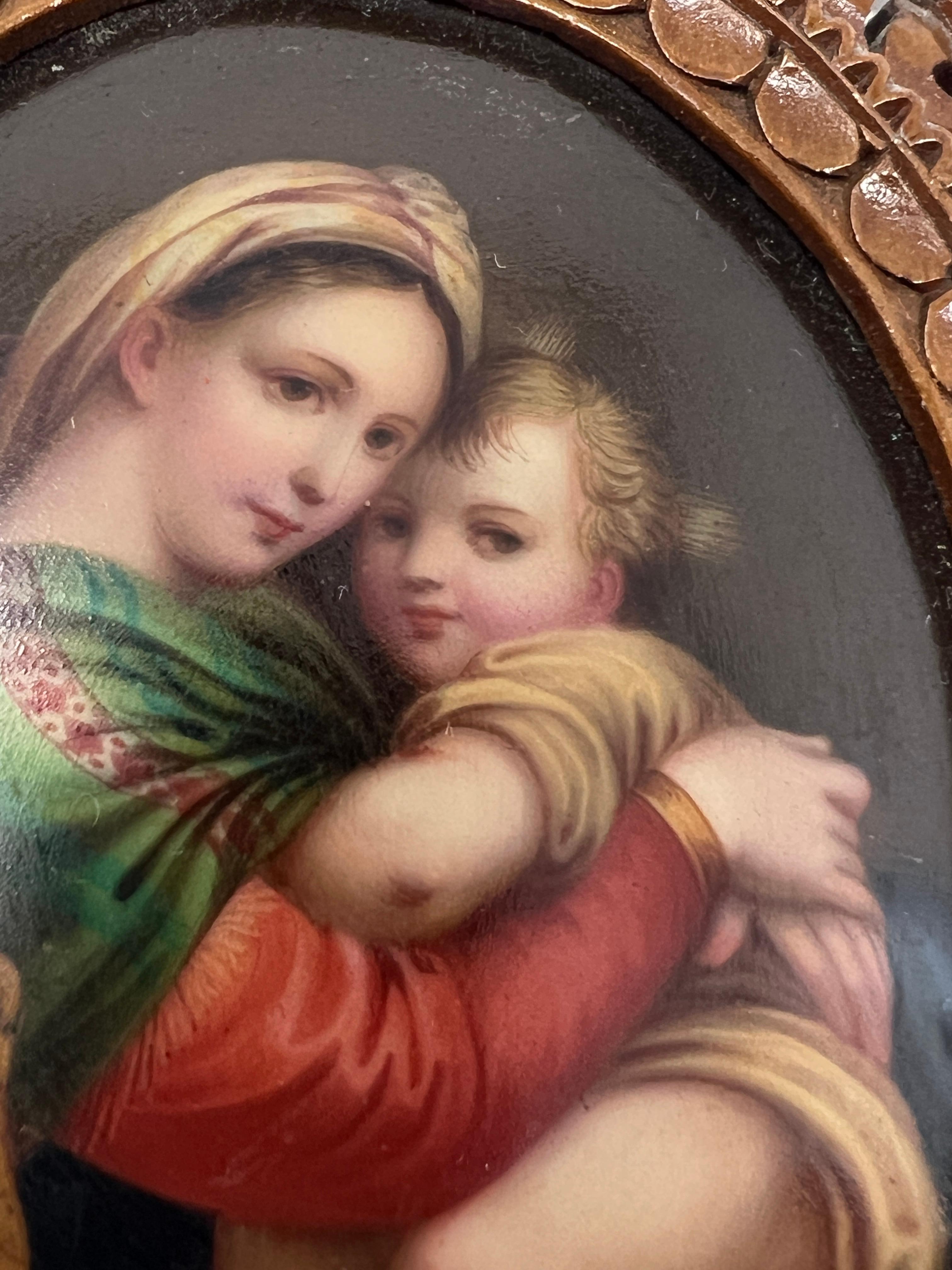 Antique Hand-Painted Porcelain of Madonna & Child in Hand Carved Walnut Frame, Circa 1900.