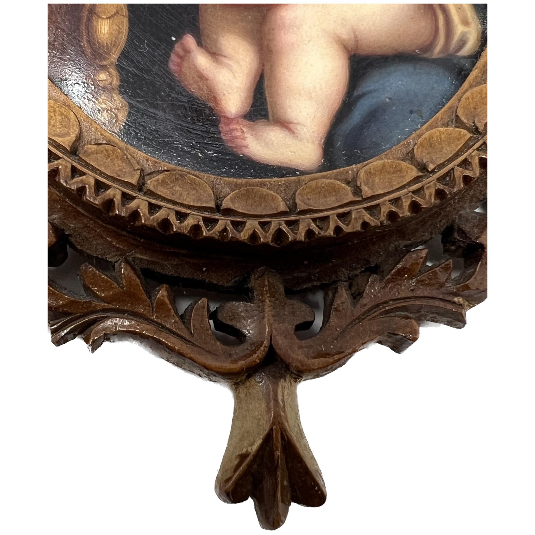 20th Century Antique Painted Porcelain Madonna & Child in Hand Carved Walnut Frame Circa 1900 For Sale
