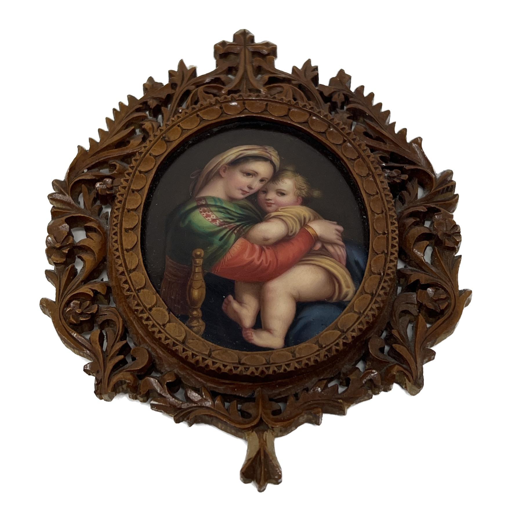 Antique Painted Porcelain Madonna & Child in Hand Carved Walnut Frame Circa 1900 For Sale 1