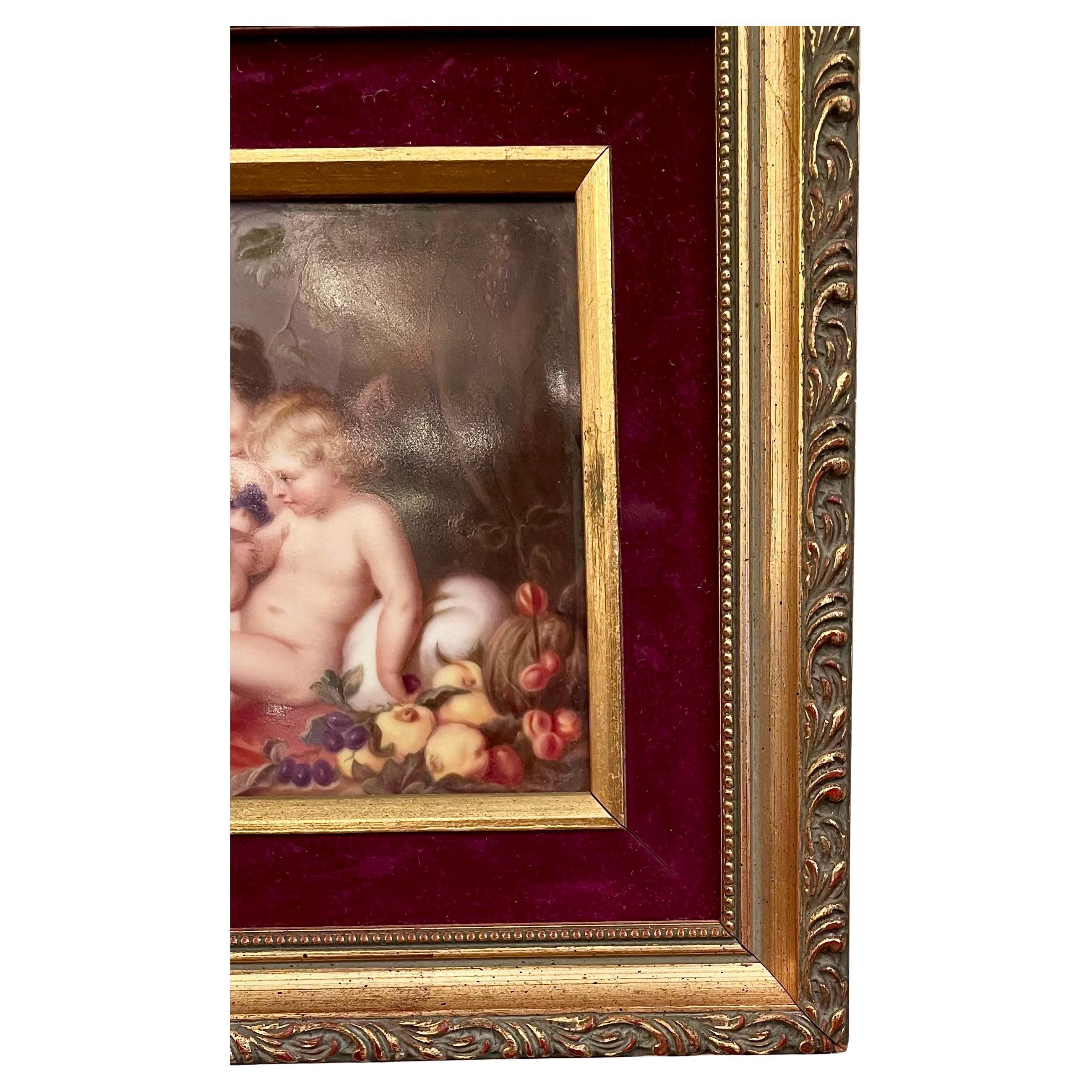Antique painted porcelain plaque after Ruben's Christ Child with the Infant of Saint John the Baptist with Angels, circa 1880's.