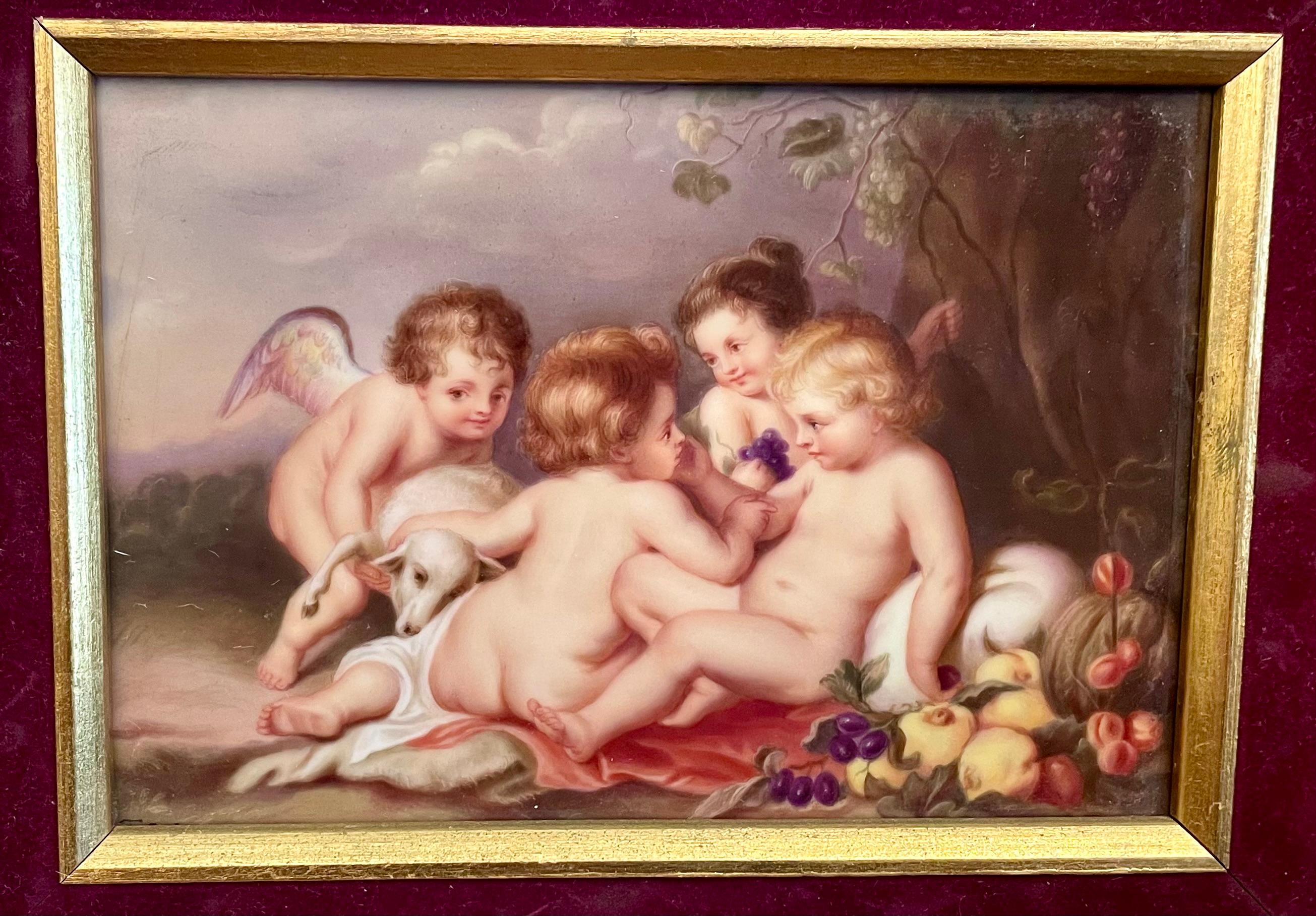 Européen Antique Painted Porcelain Plaque after Ruben's Christ Child with Infant St. John en vente