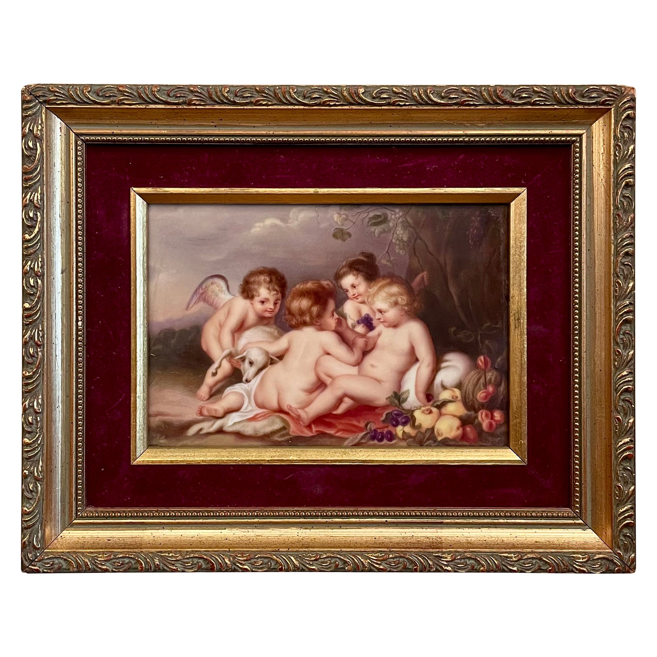 Antique Painted Porcelain Plaque after Ruben's Christ Child with Infant St. John