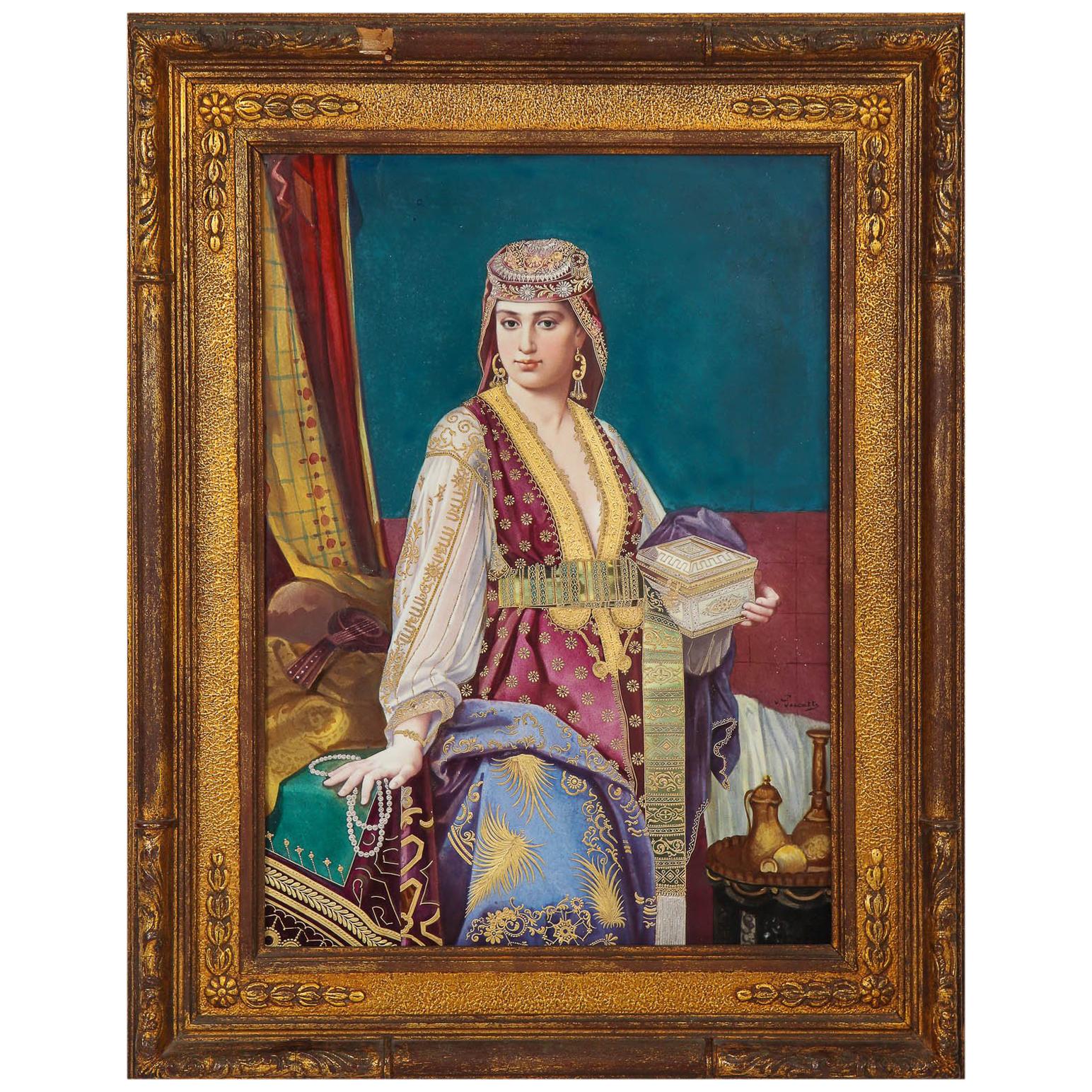 Plaque ancienne en porcelaine peinte représentant une beauté orientaliste, signée Vienne en vente