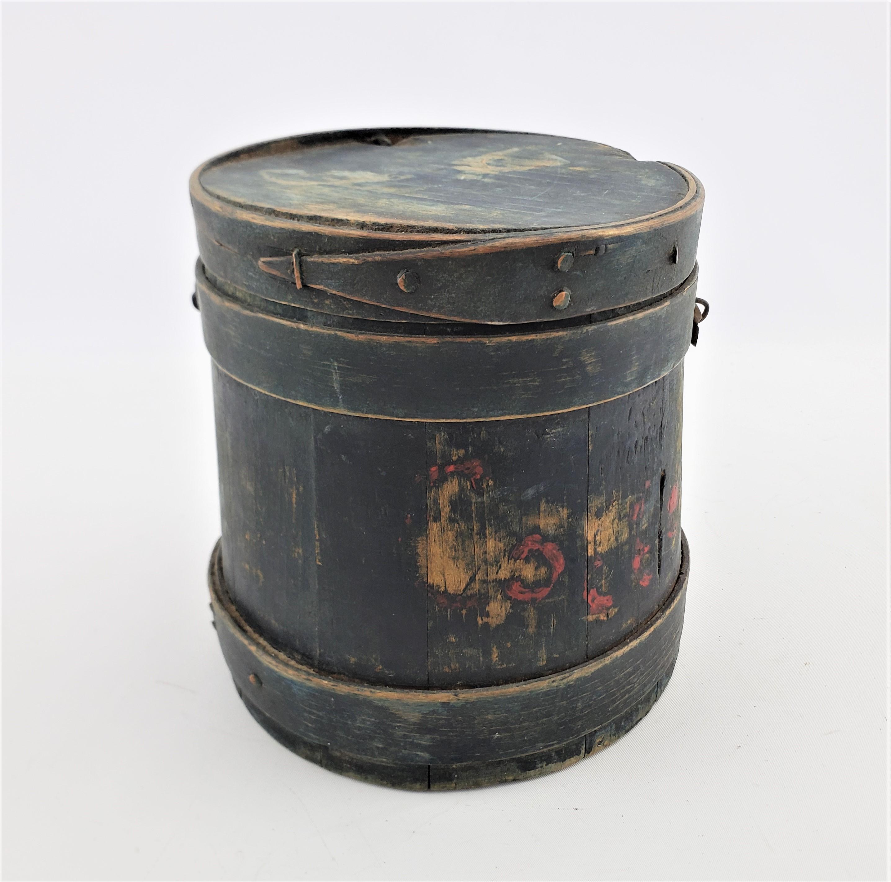 Hand-Painted Antique Painted Primitive Covered & Finger Staved Sugar Pail, Bucket or Firkin For Sale