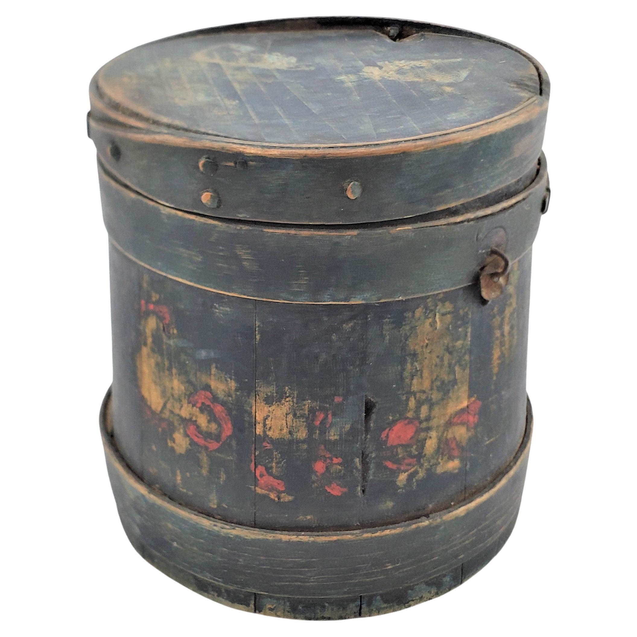 Antique Painted Primitive Covered & Finger Staved Sugar Pail, Bucket or Firkin