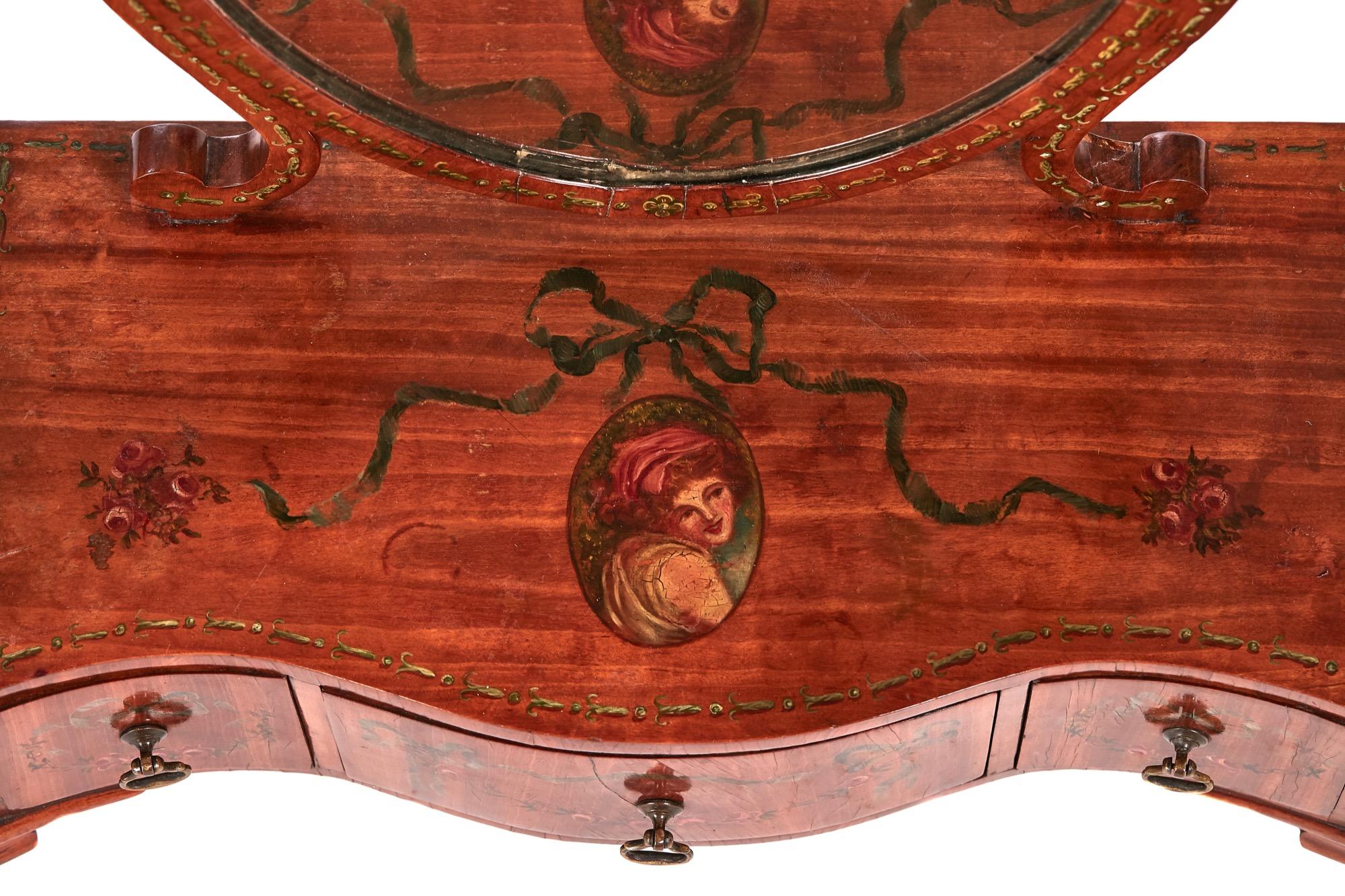 Antique painted satinwood box mirror having an oval swing mirror shaped supports, supported by a serpentine base with outstanding painted satinwood serpentine shaped top with 3 serpentine shaped painted drawers original handles standing on ogee