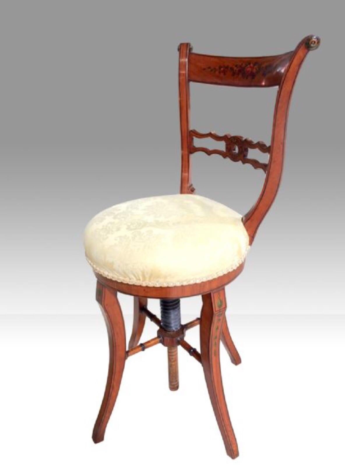 British Antique Painted Satinwood Extending Revolving Harpist, Chello Music Chair For Sale