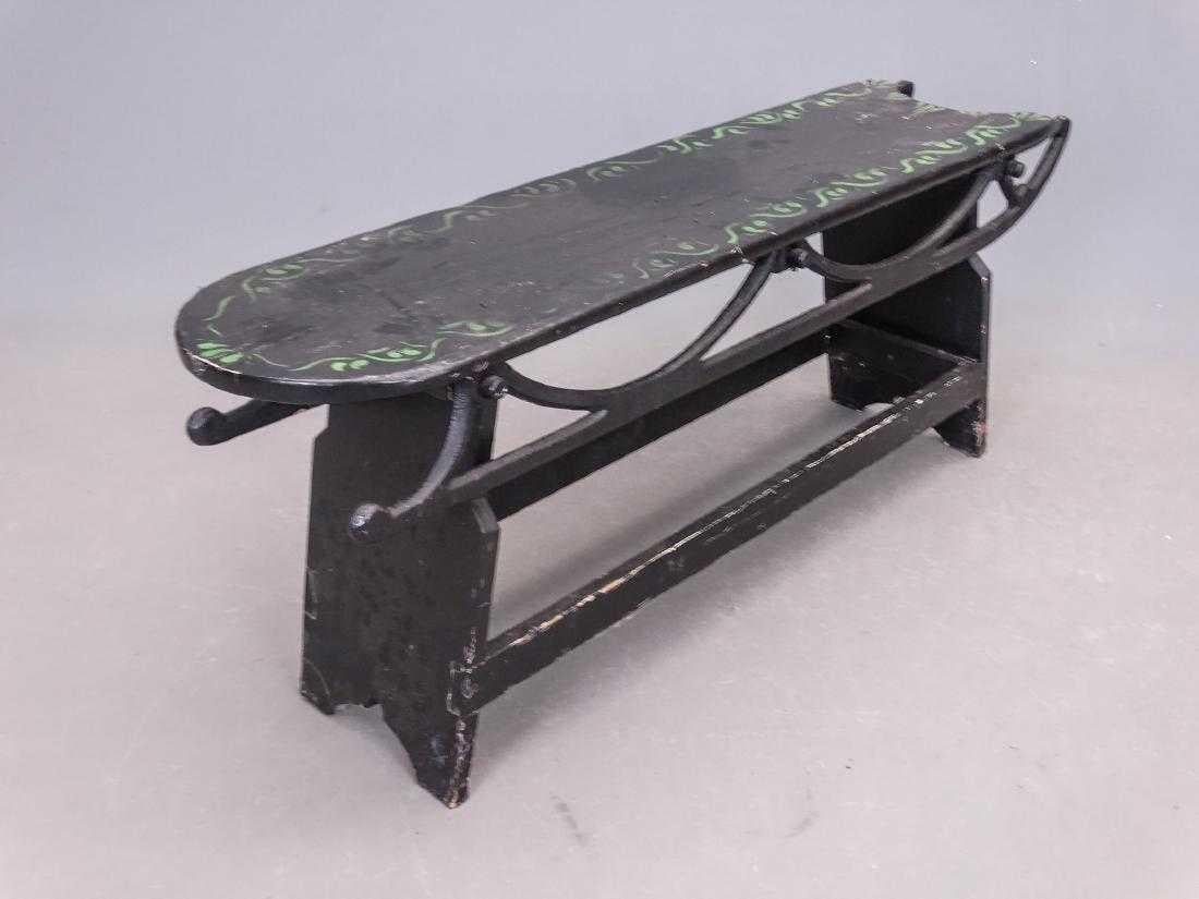 Charming early rustic cast iron base sled converted to bench. Great for a mud room.
 