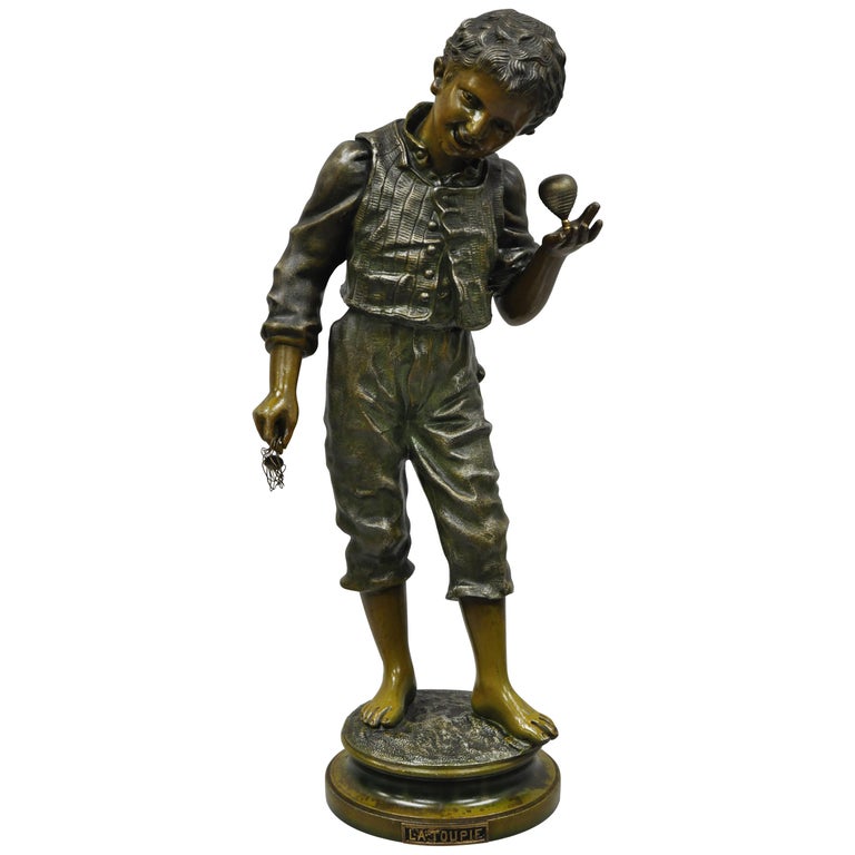 Antique Painted Spelter Metal "La Toupie" Statue Figure after Charles  Anfrie For Sale at 1stDibs