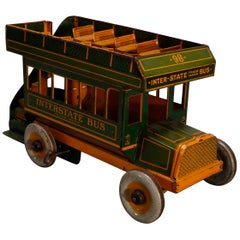 Jouet antique en étain peint Strauss Interstate Double Decker Bus Winding Toy and Key