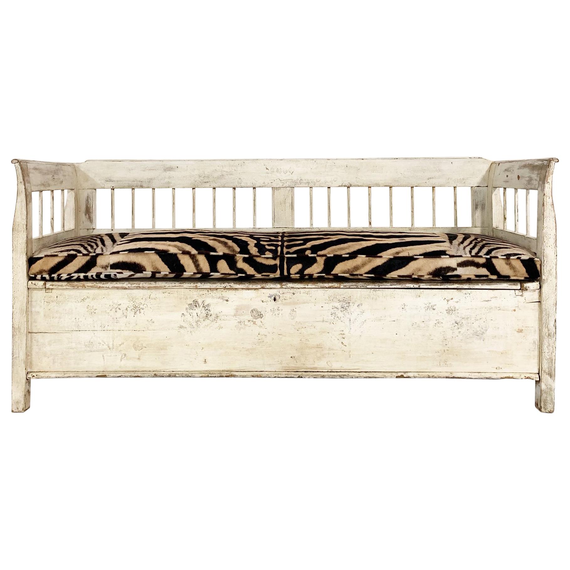 Antique Painted Swedish Bench with Custom Zebra Hide Cushion