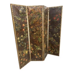 Antique Painted Tooled Leather Room Divider