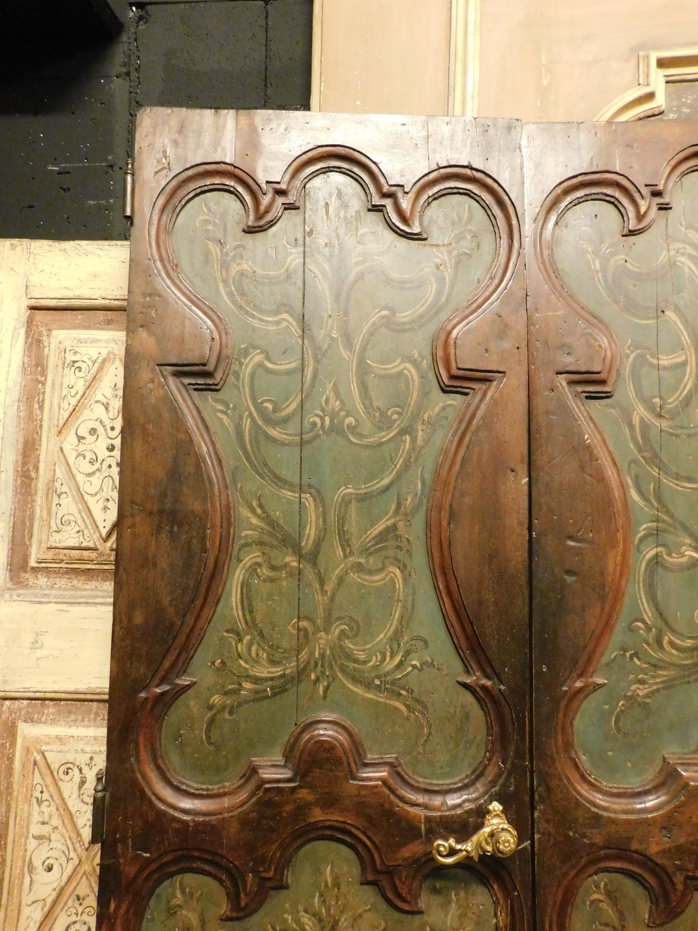 Hand-Carved Antique Painted Walnut Double Door, 18th Century Tuscany, Italy