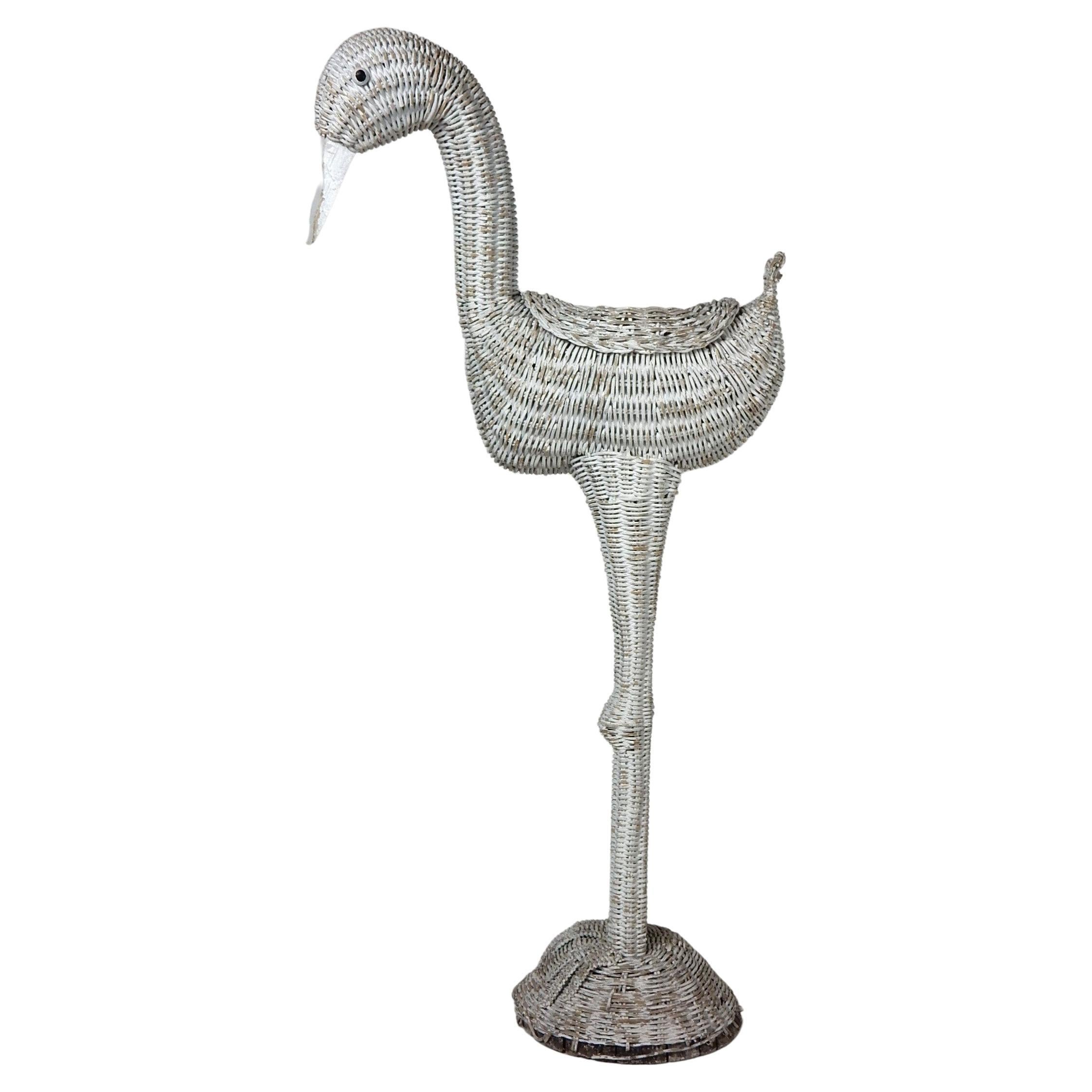 Hollywood Regency Antique Painted Wicker Flamingo Planter Stand Palm Beach For Sale