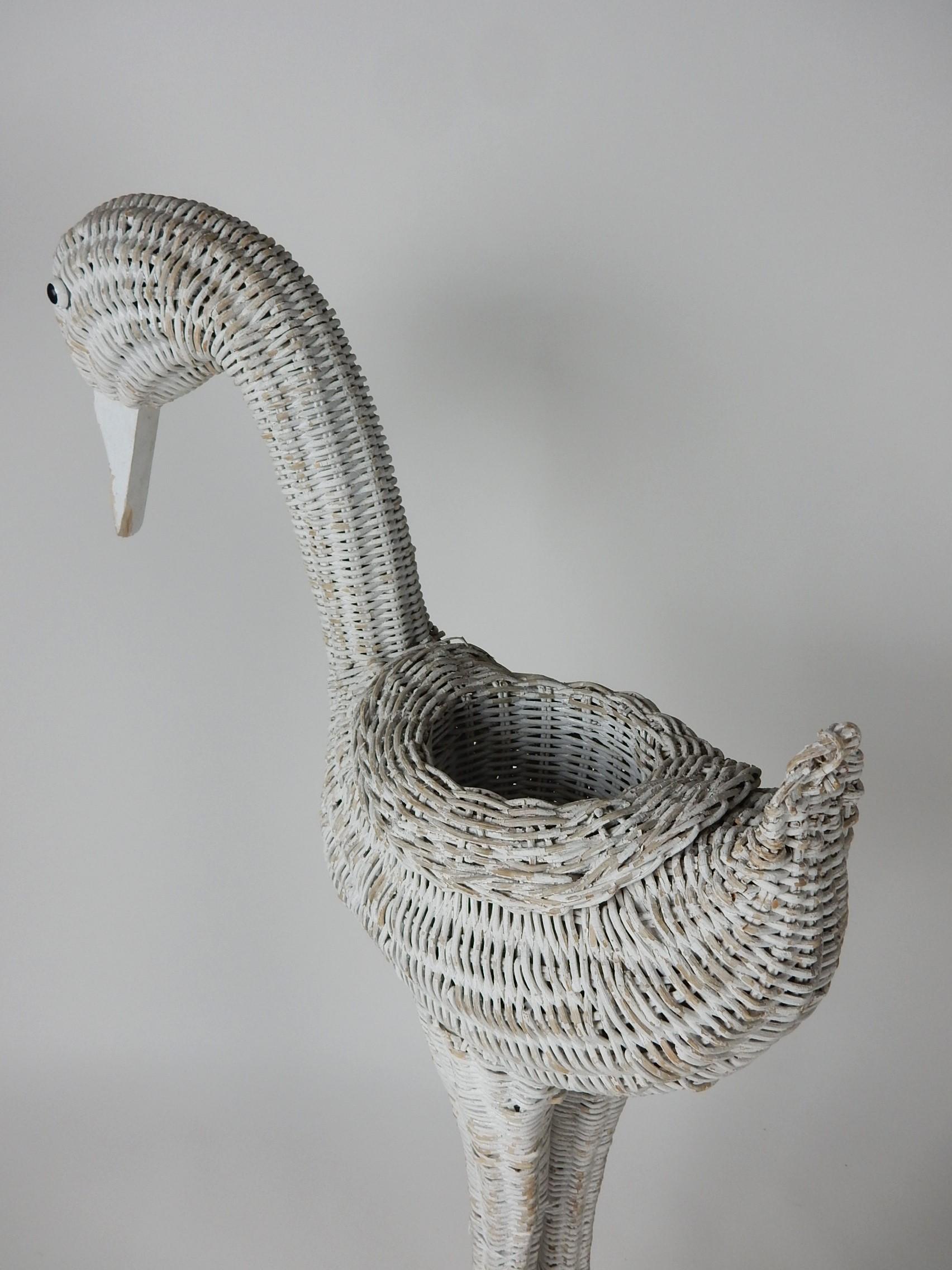 Antique Painted Wicker Flamingo Planter Stand Palm Beach In Fair Condition For Sale In Las Vegas, NV