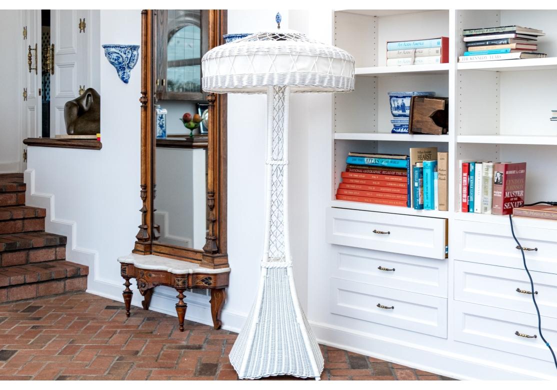 Antique Painted Wicker Three-light Floor Lamp With Shade For Sale 5