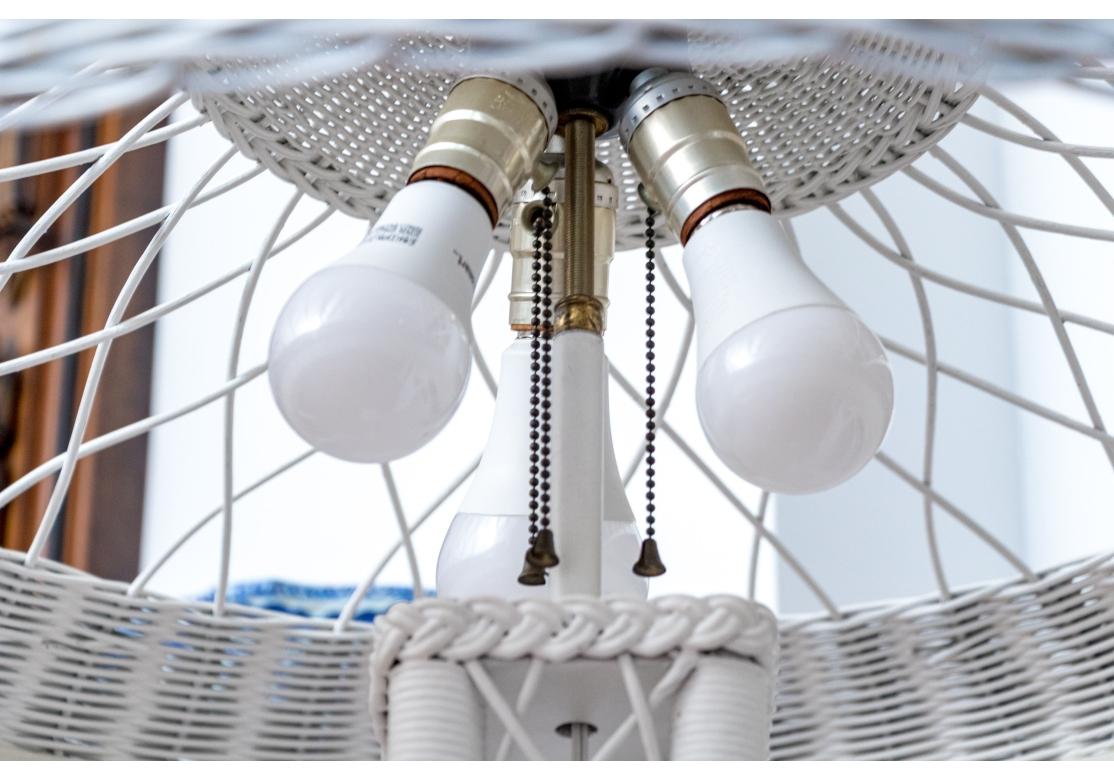 Antique Painted Wicker Three-light Floor Lamp With Shade In Distressed Condition For Sale In Bridgeport, CT