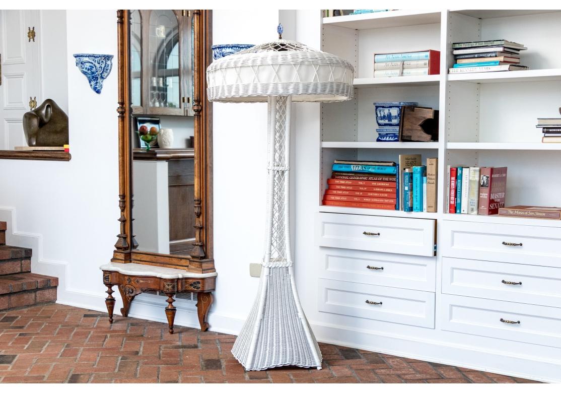 Antique Painted Wicker Three-light Floor Lamp With Shade For Sale 1