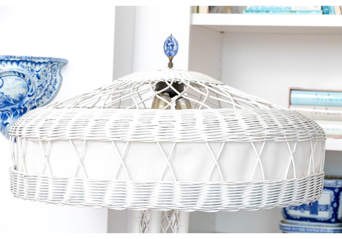 Antique Painted Wicker Three-light Floor Lamp With Shade For Sale 2