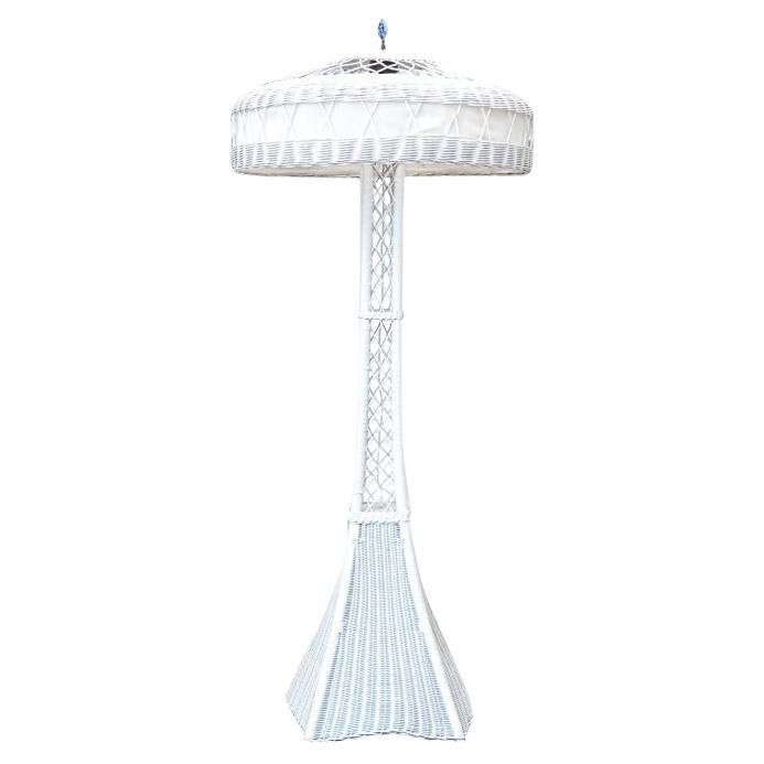 Antique Painted Wicker Three-light Floor Lamp With Shade For Sale