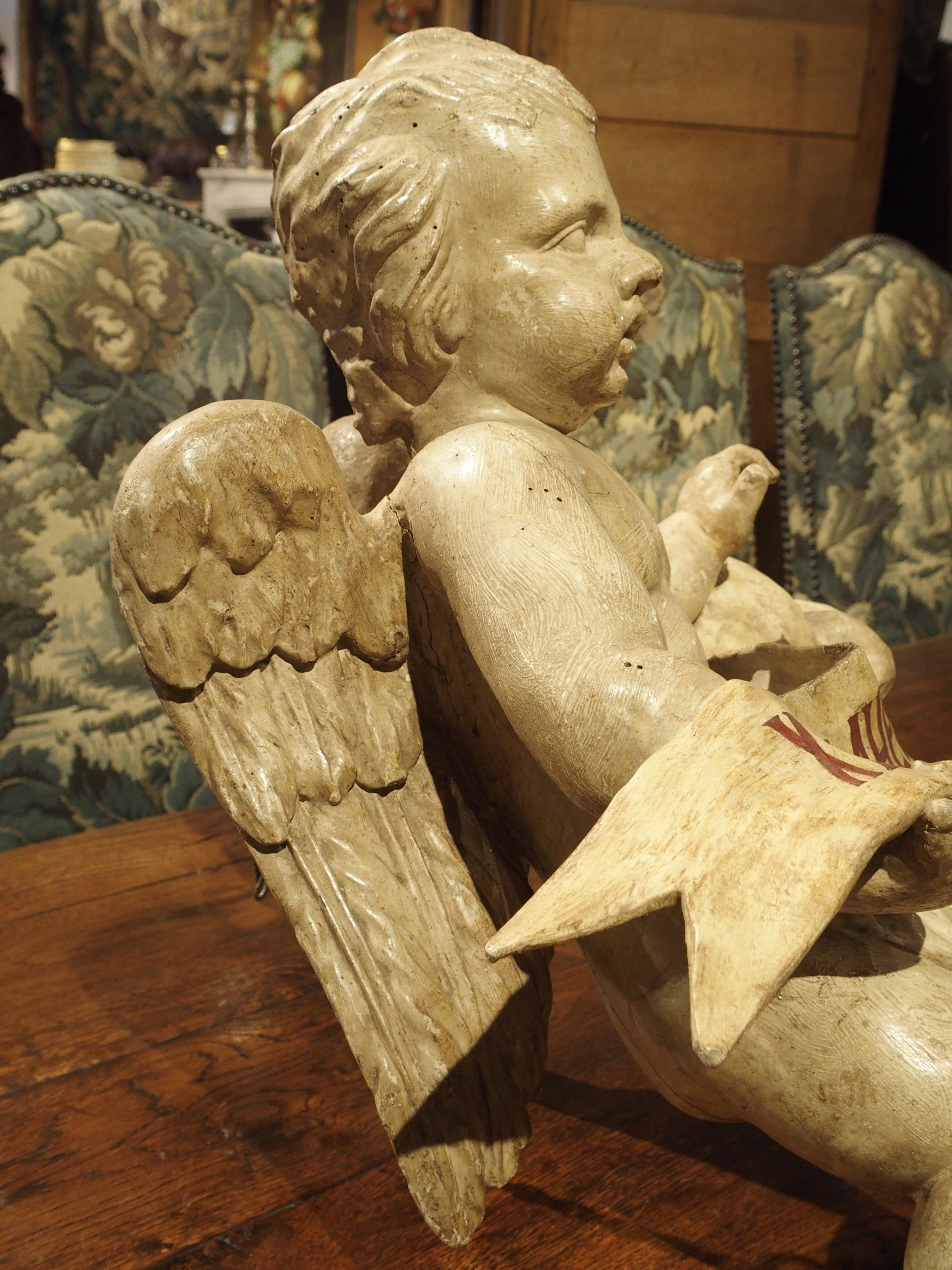 18th Century and Earlier Antique Painted Winged Cherub Statue, 18th Century