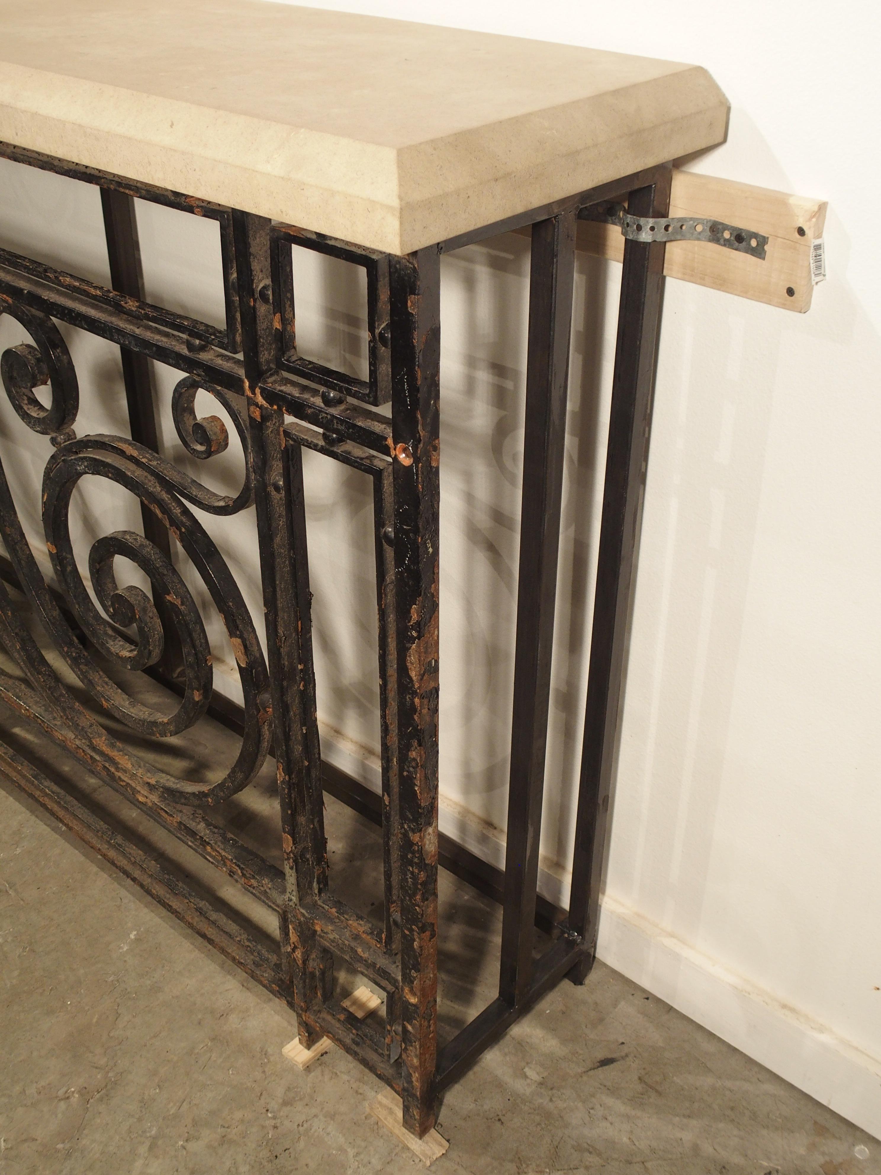 Antique Painted Wrought Iron Balcony Gate Console with Beveled Limestone Top 6
