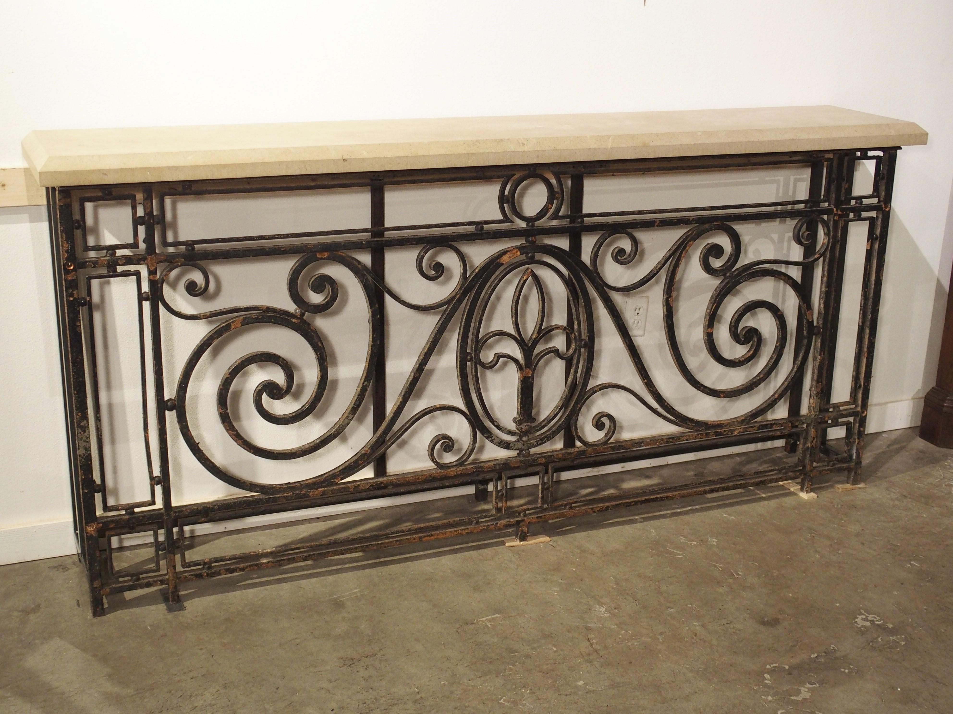 Antique Painted Wrought Iron Balcony Gate Console with Beveled Limestone Top 8