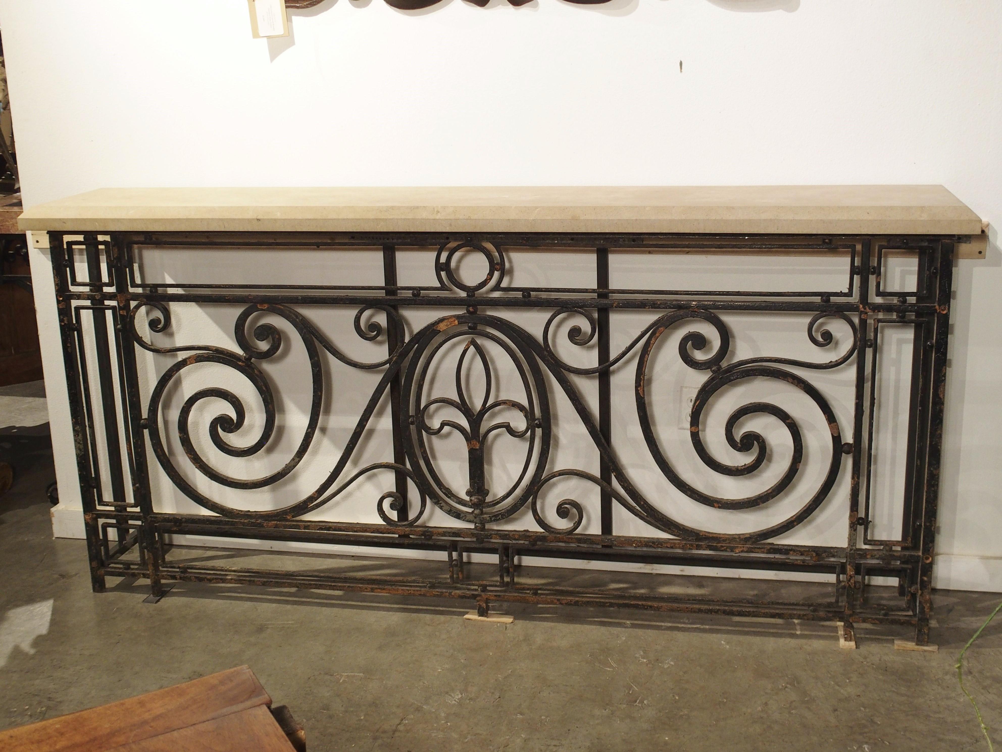 Antique Painted Wrought Iron Balcony Gate Console with Beveled Limestone Top In Good Condition In Dallas, TX