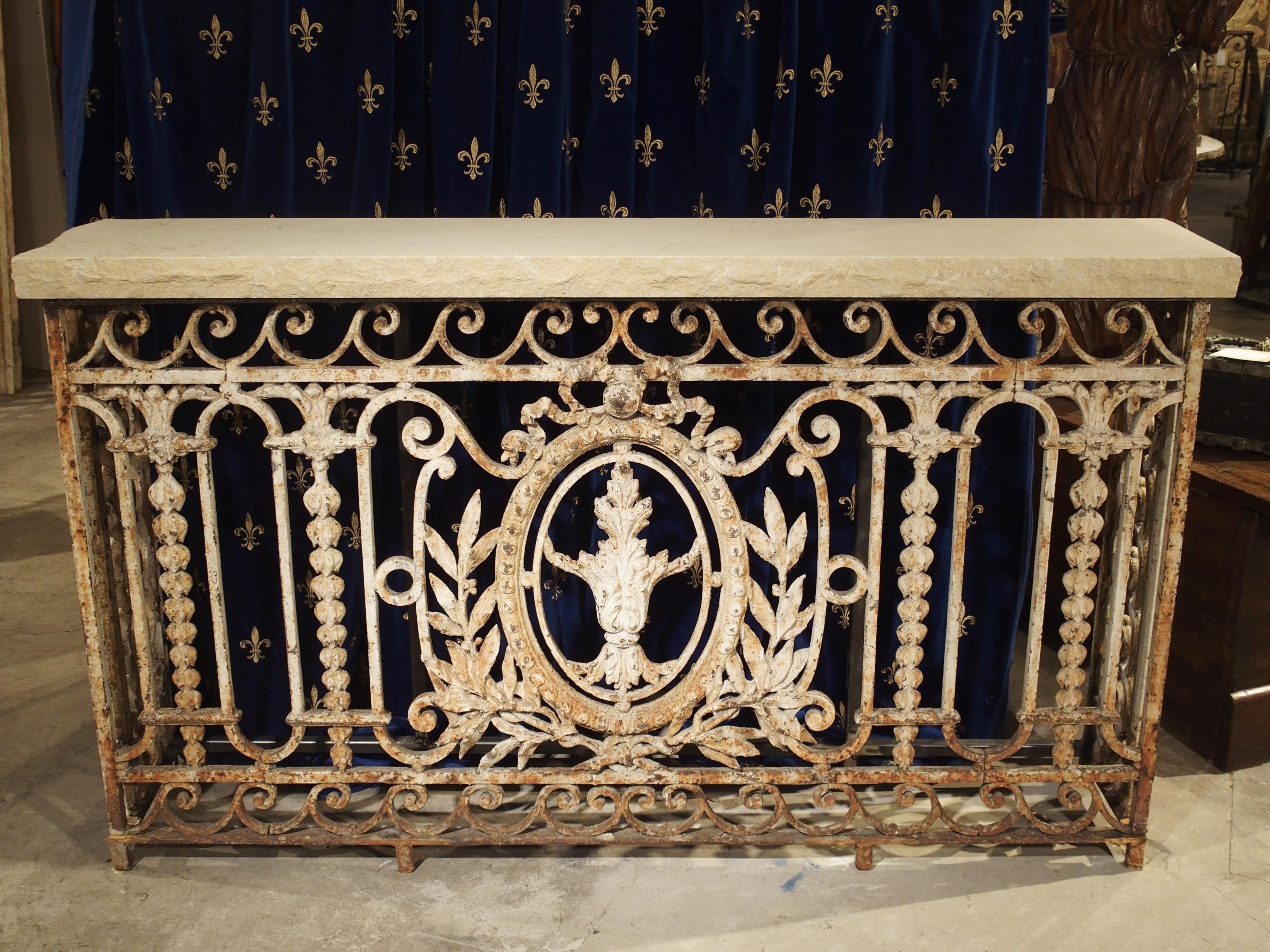Hand-Carved Antique Painted Wrought Iron Balcony Gate Console with Limestone Top