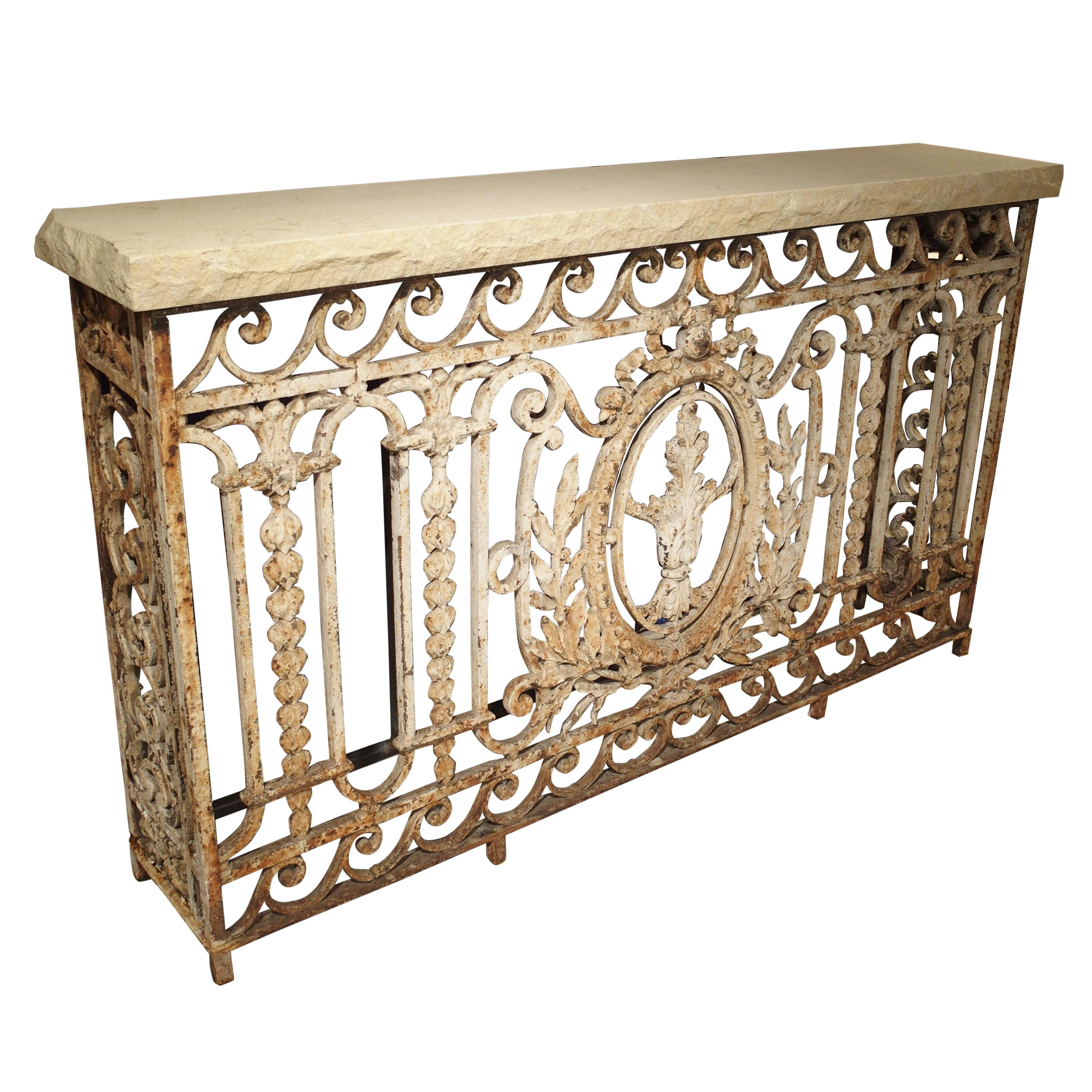 Antique Painted Wrought Iron Balcony Gate Console with Limestone Top