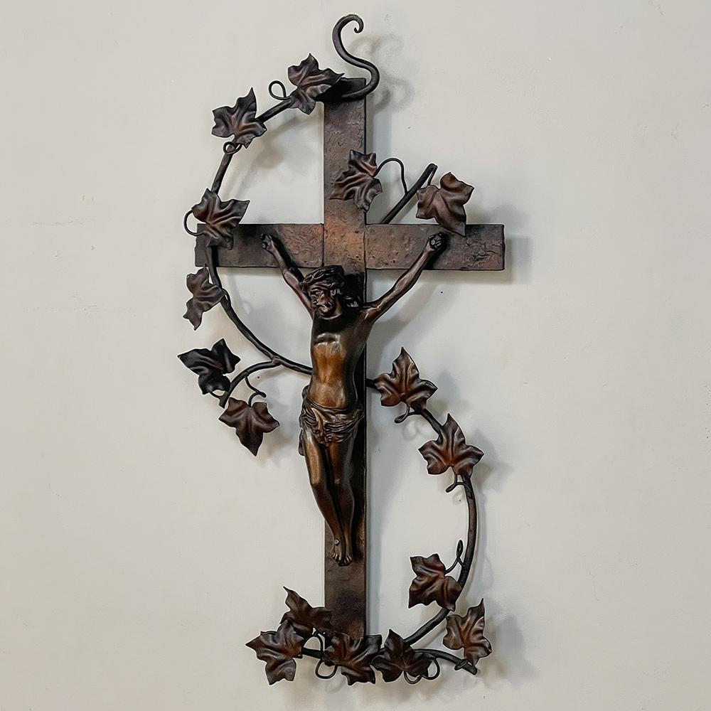 Renaissance Antique Painted Wrought Iron Crucifix For Sale