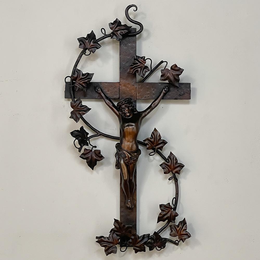 French Antique Painted Wrought Iron Crucifix For Sale